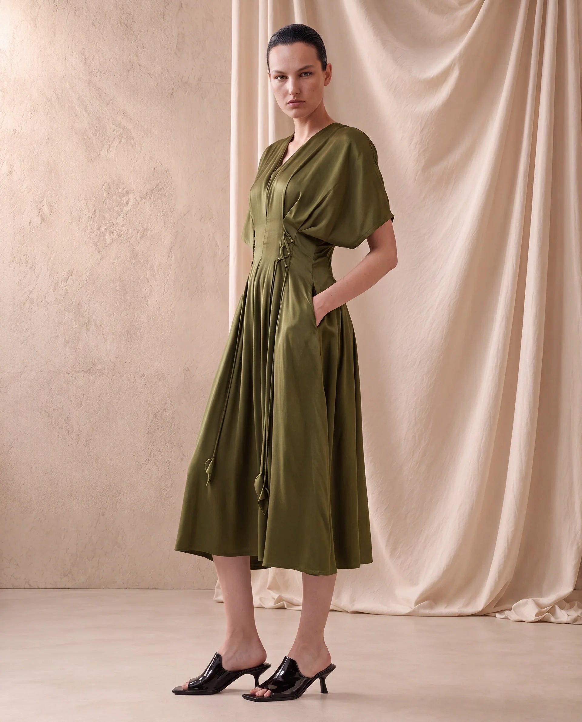 Rareism Women's Alves Olive Viscose Half Sleeve Fit And Flare Plain Dress