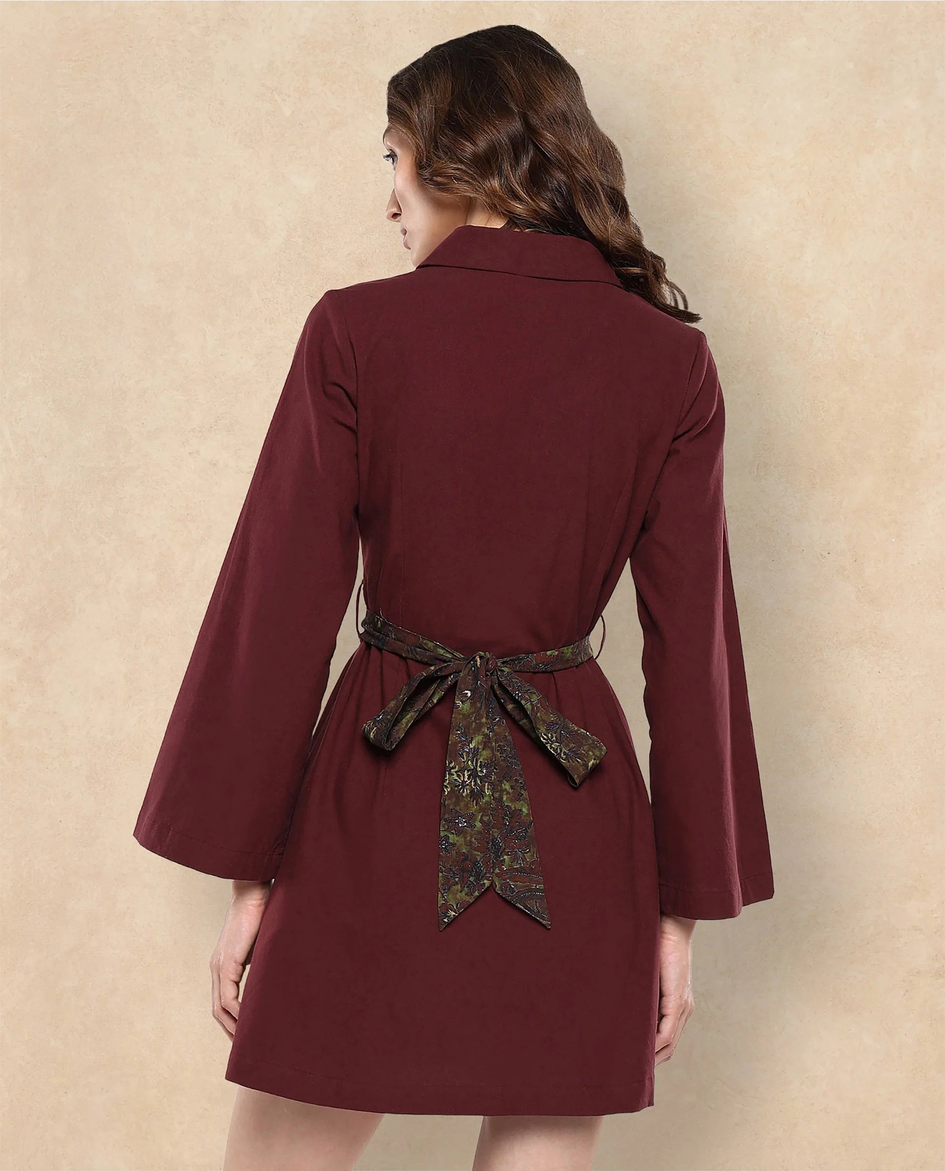 Rareism Women Alvida Brown Full Sleeve Lapel Neck Button Closure A-Line Mini Plain Dress