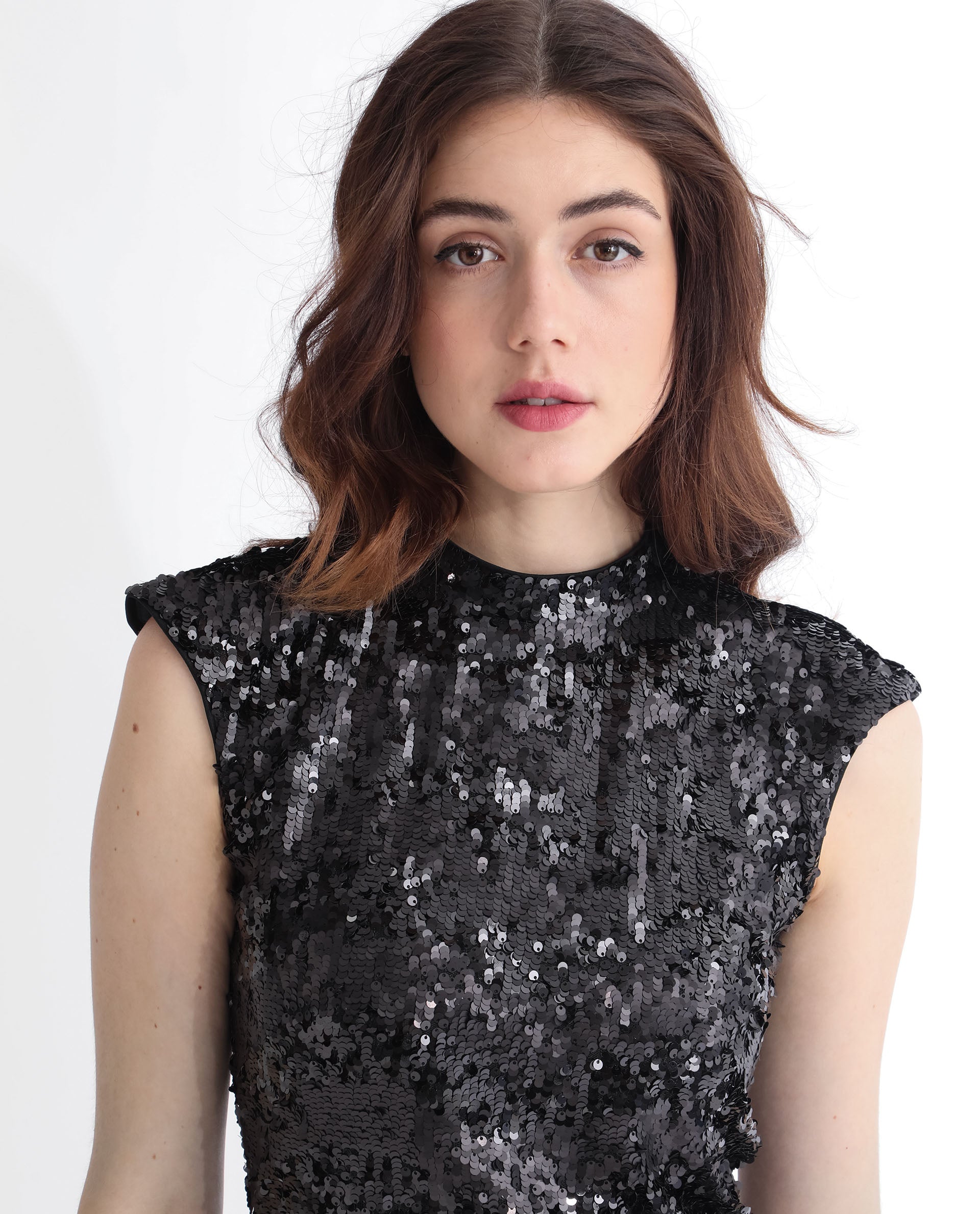 Rareism Women's Alzo Sheen Black Polyester Fabric High Neck Zipper Closure Sleeveless Sequined Knee Length Dress