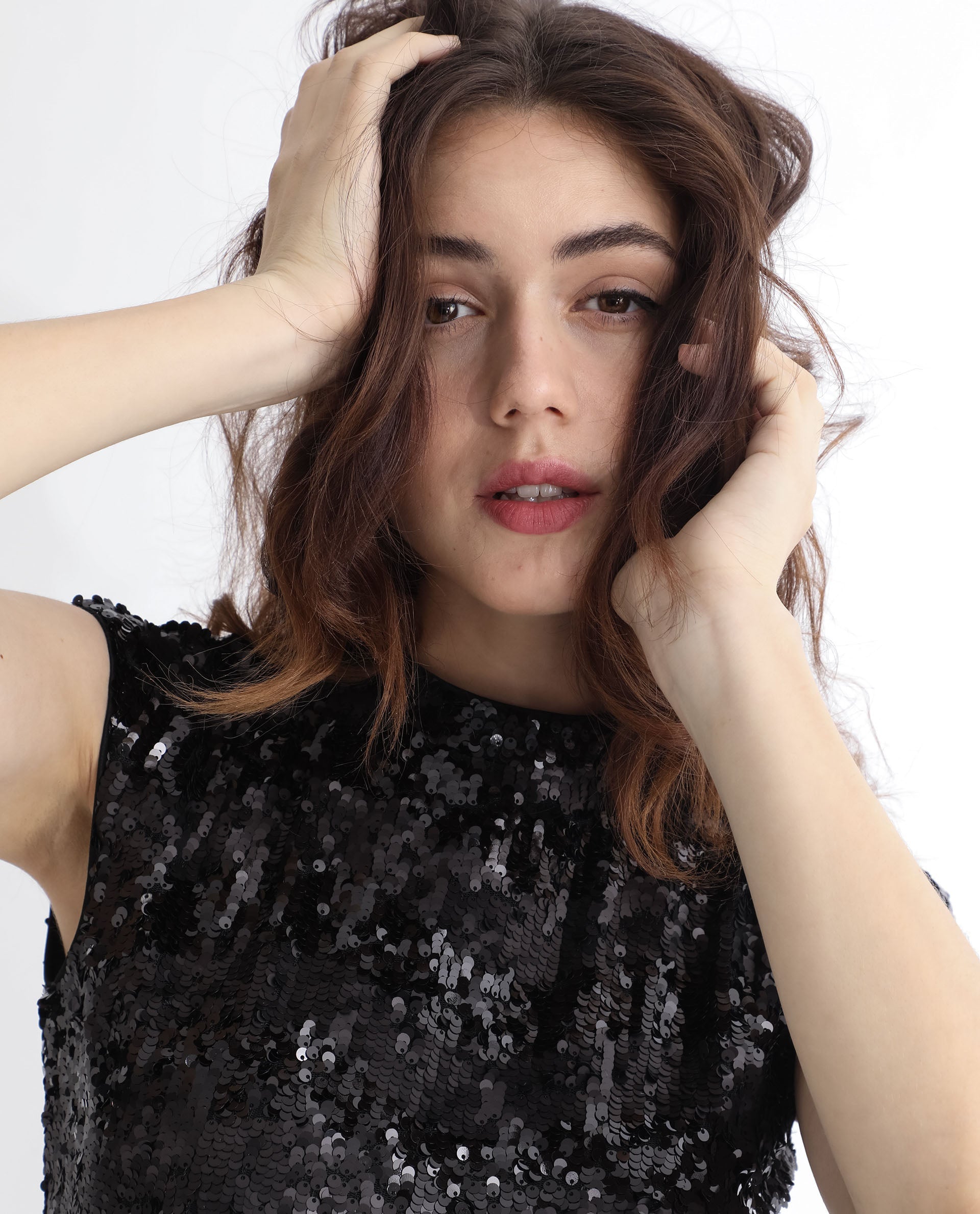 Rareism Women's Alzo Sheen Black Polyester Fabric High Neck Zipper Closure Sleeveless Sequined Knee Length Dress