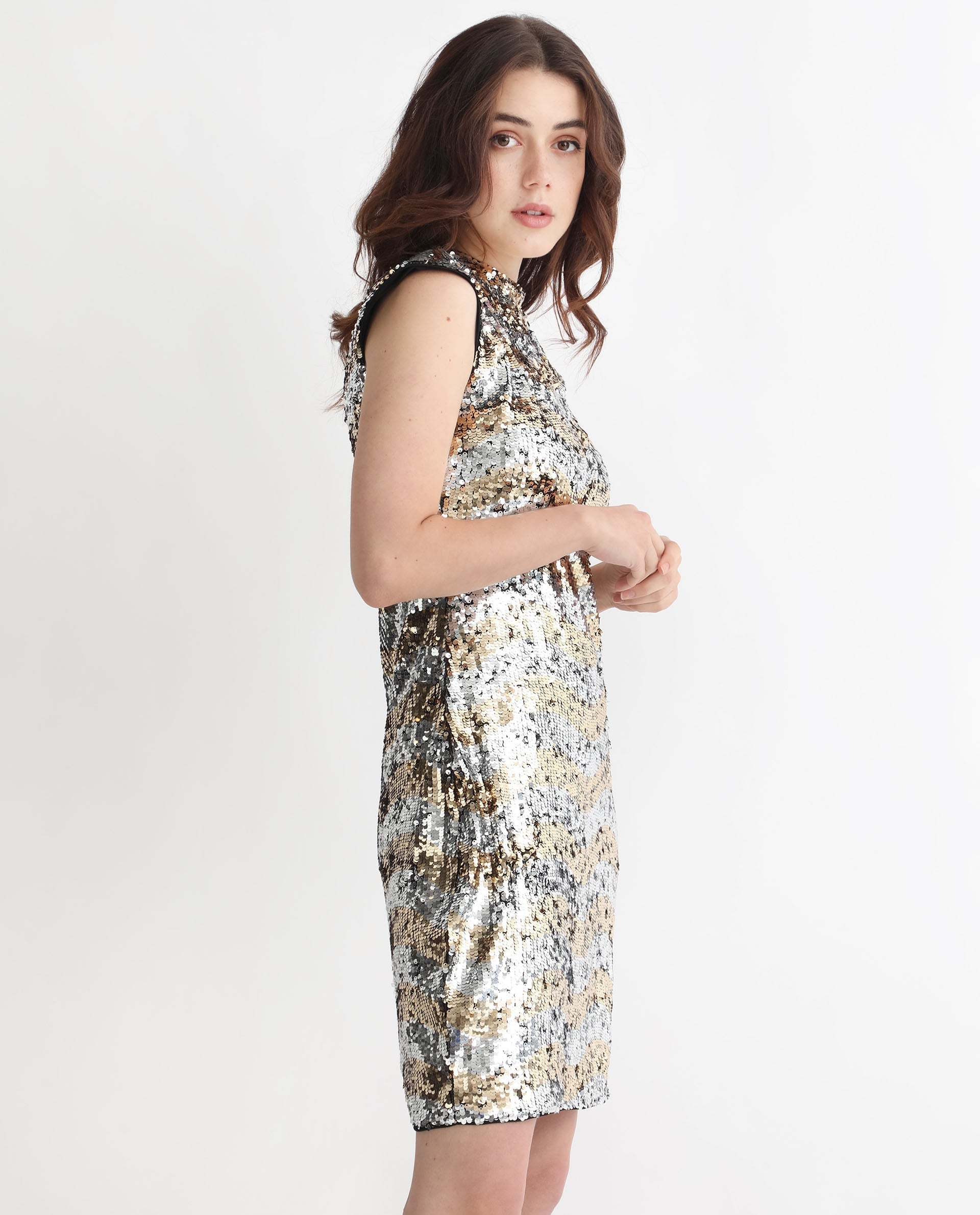 Rareism Women's Alzo Sheen Silver Polyester Fabric High Neck Zipper Closure Sleeveless Sequined Knee Length Dress