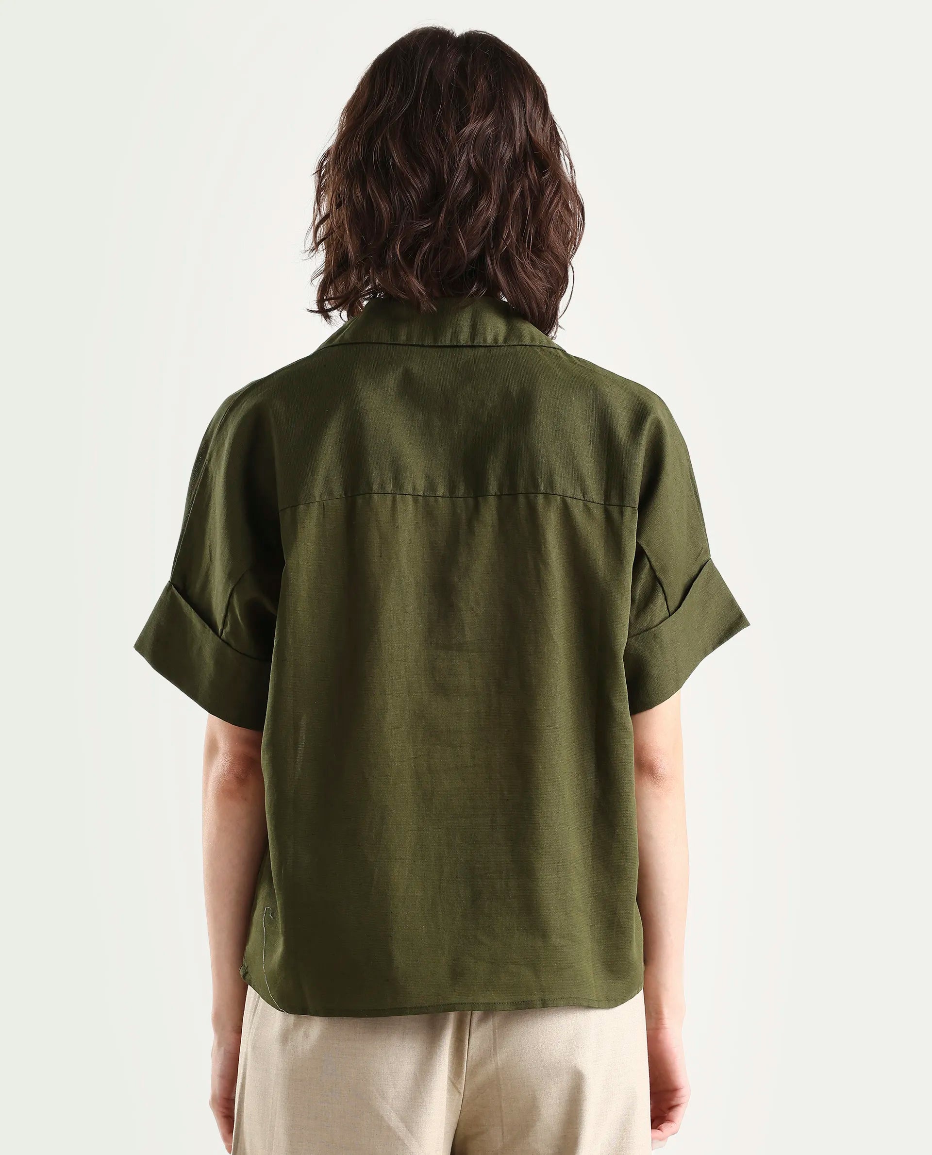 Rareism Women's Alzure Olive Linen Blend Half Sleeve Jonny Collar Boxy Plain Top