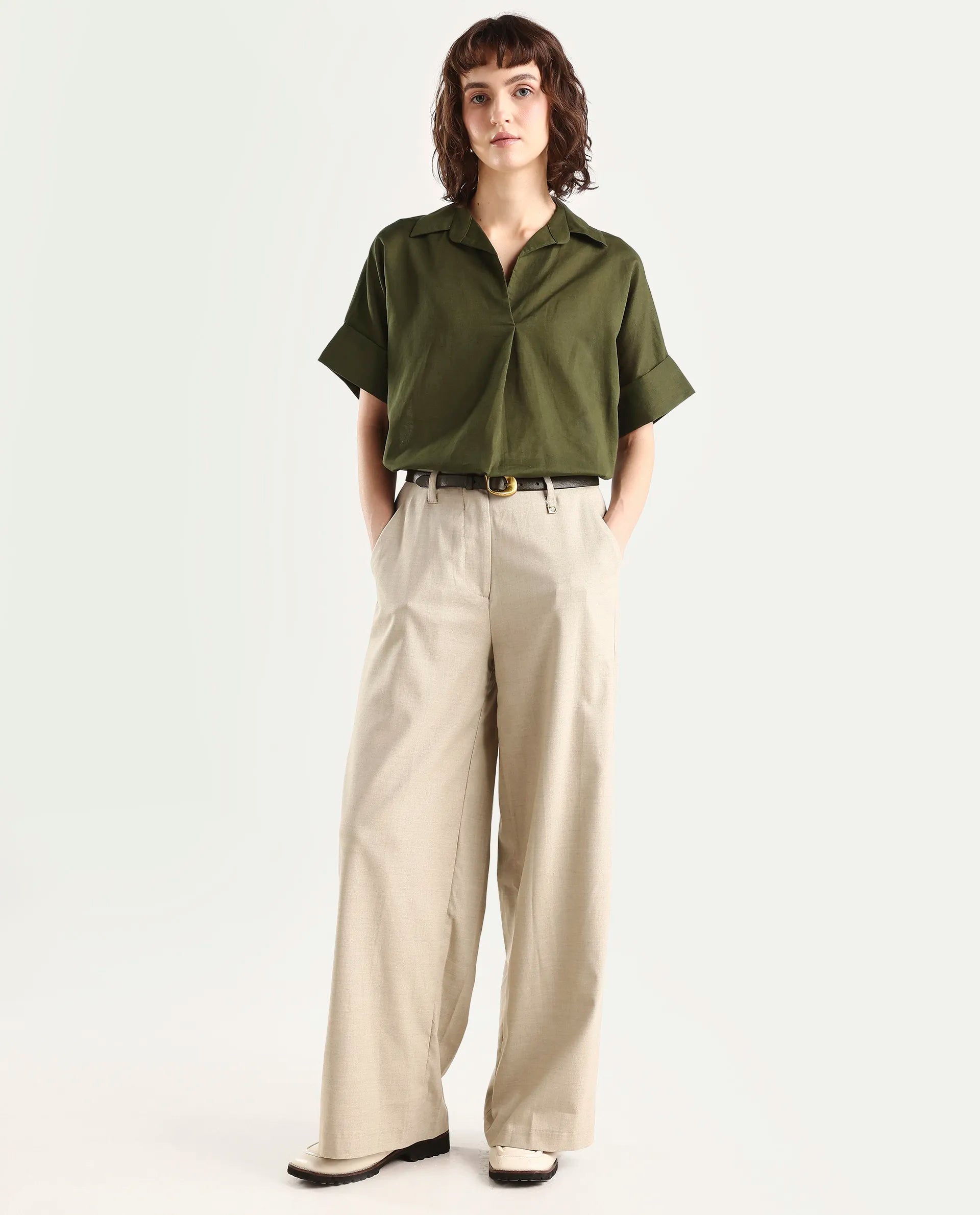 Rareism Women's Alzure Olive Linen Blend Half Sleeve Jonny Collar Boxy Plain Top