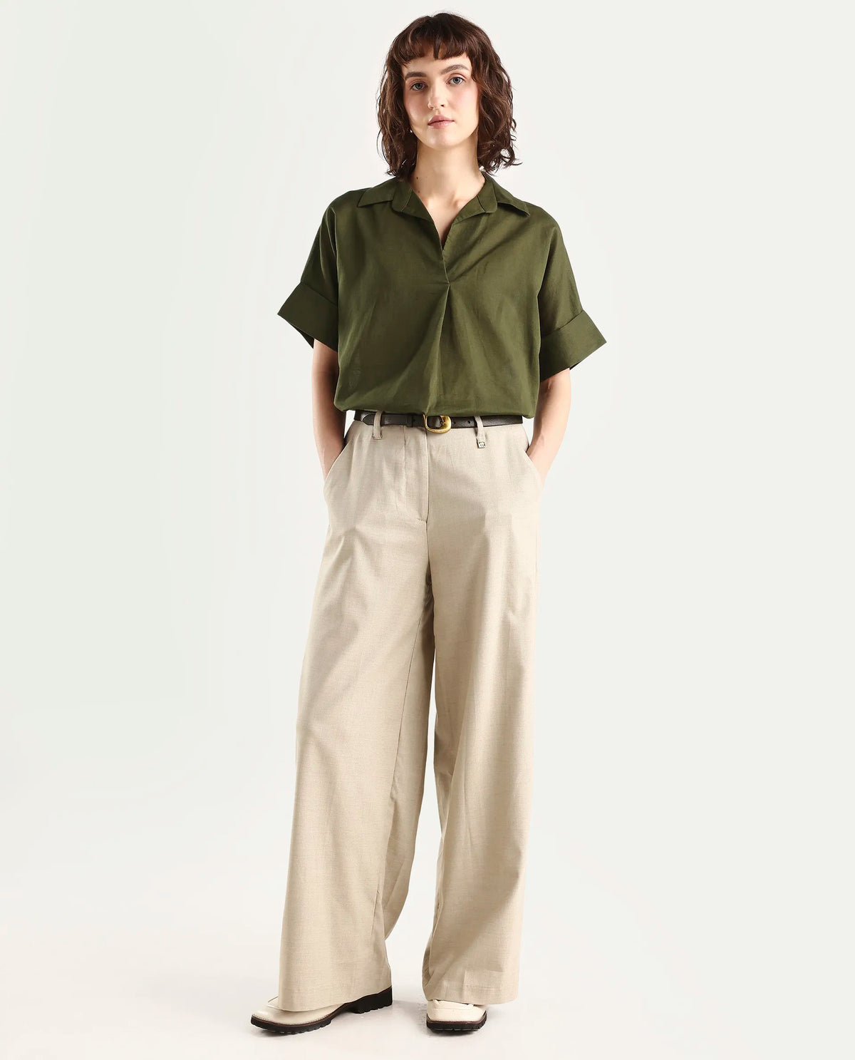 Rareism Women's Alzure Olive Linen Blend Half Sleeve Jonny Collar Boxy Plain Top