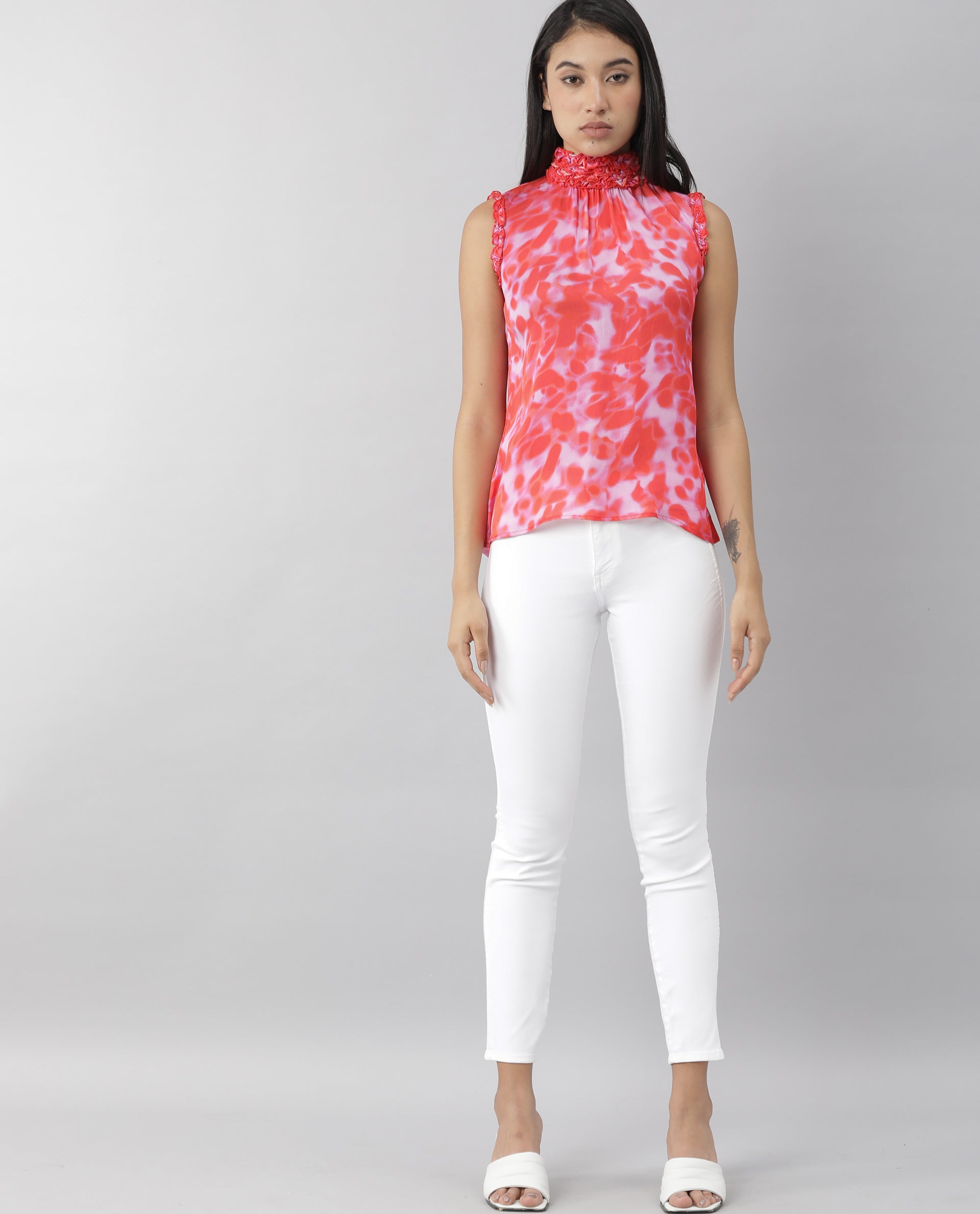 Rareism Womens Amaze Red Top Modal Fabric Regular Fit Sleeveless High Neck
