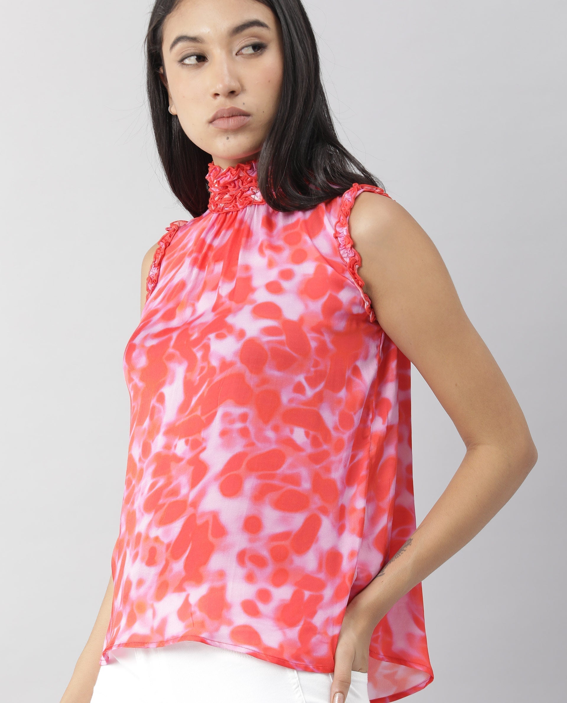 Rareism Womens Amaze Red Top Modal Fabric Regular Fit Sleeveless High Neck