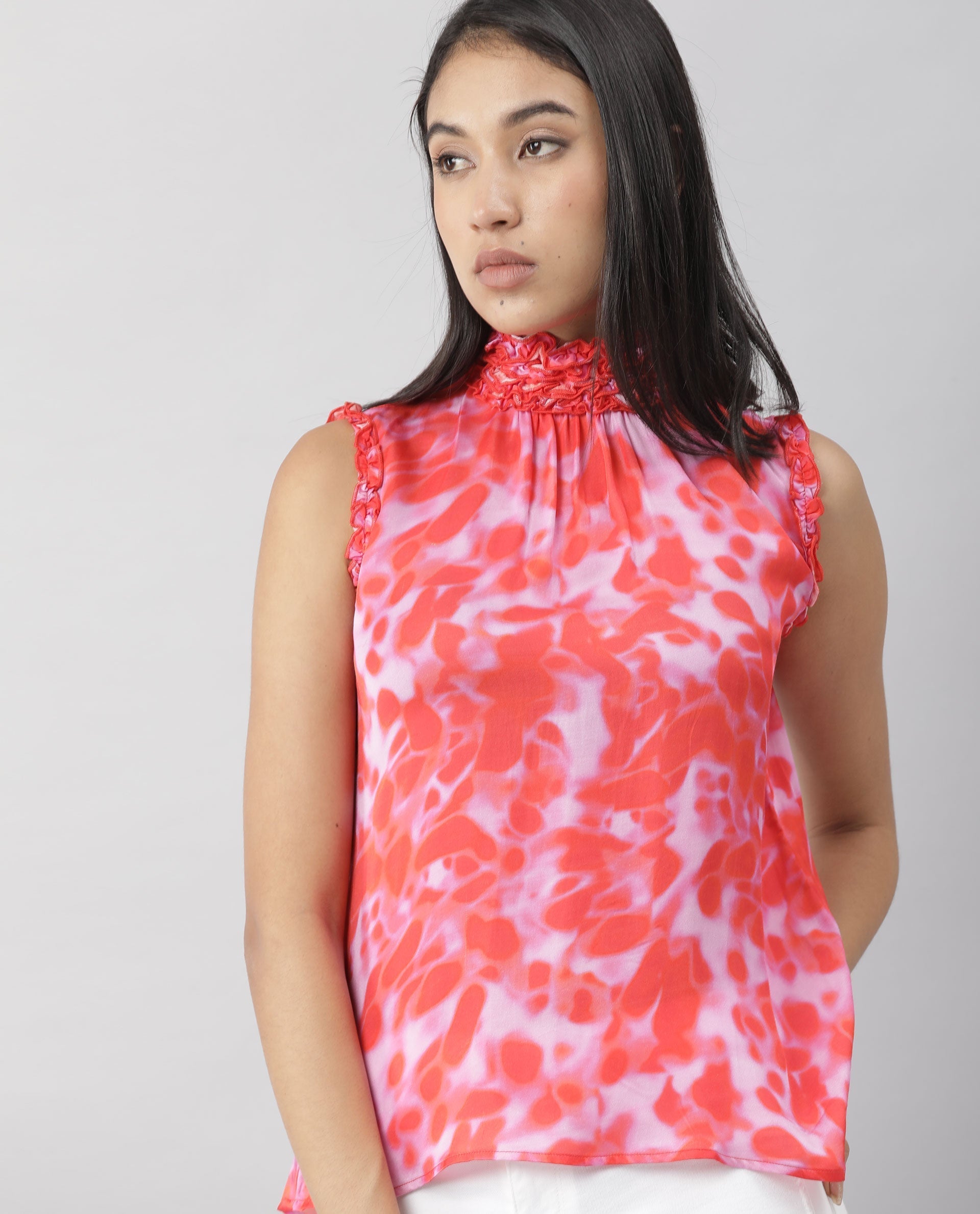Rareism Womens Amaze Red Top Modal Fabric Regular Fit Sleeveless High Neck