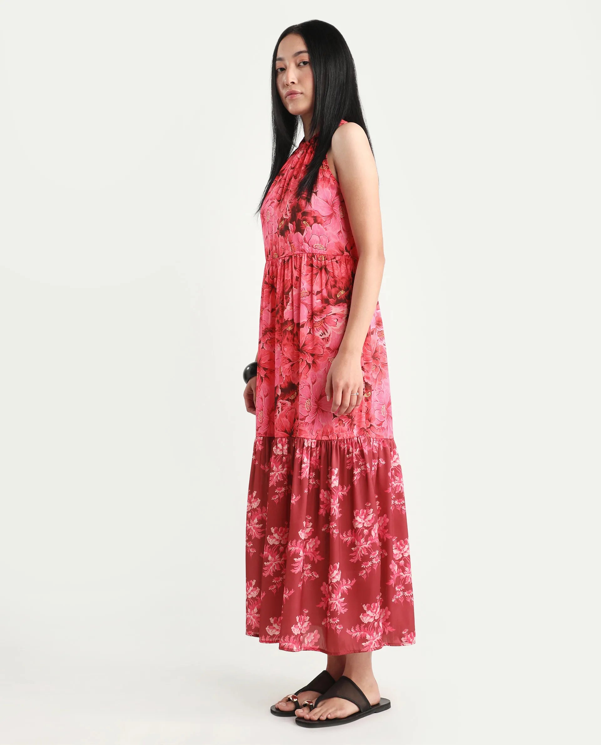 Rareism Women's Amilio Maroon Polyester Halter Neck Floral Print Sleeveless Maxi Regular Fit Dress