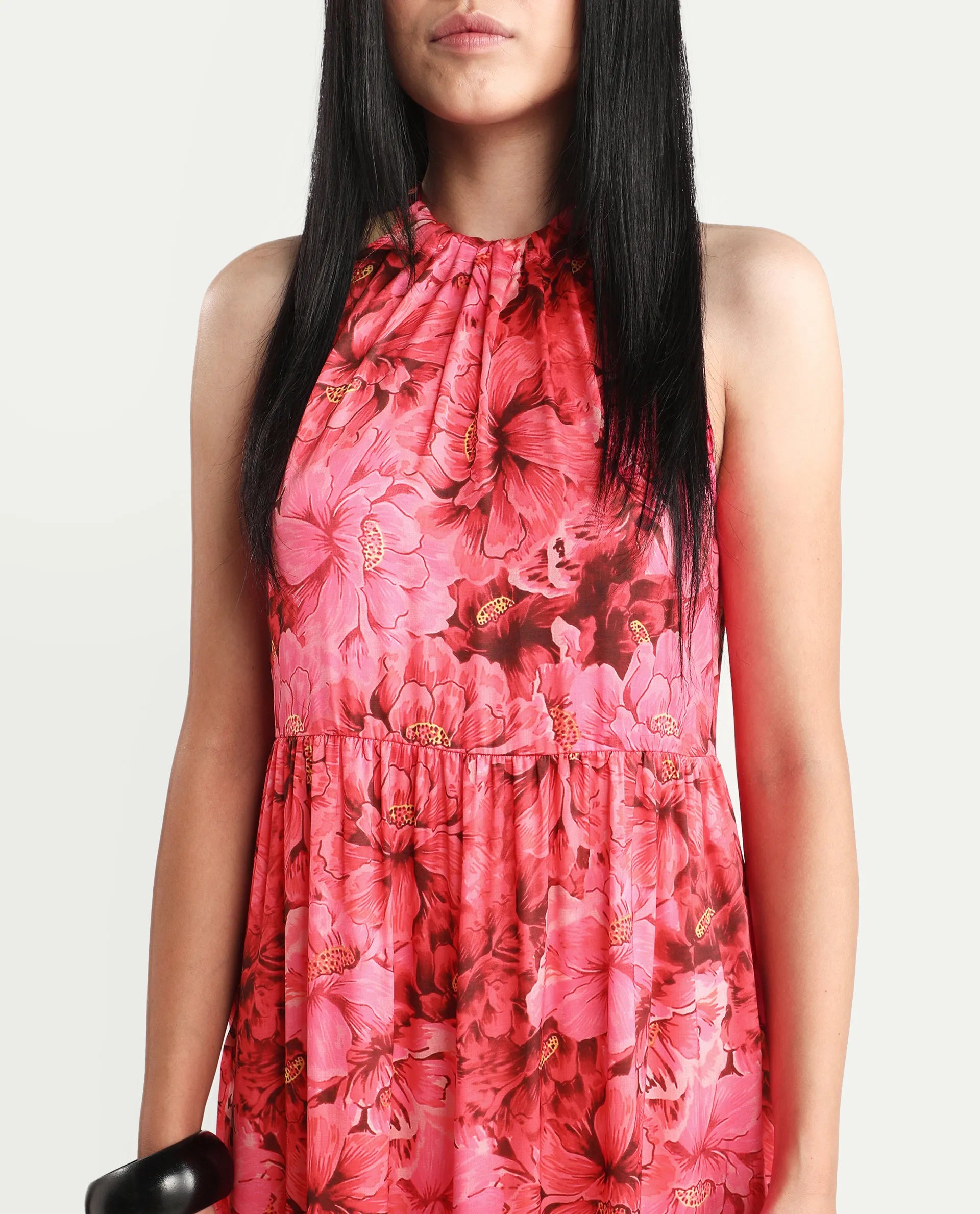 Rareism Women's Amilio Maroon Polyester Halter Neck Floral Print Sleeveless Maxi Regular Fit Dress