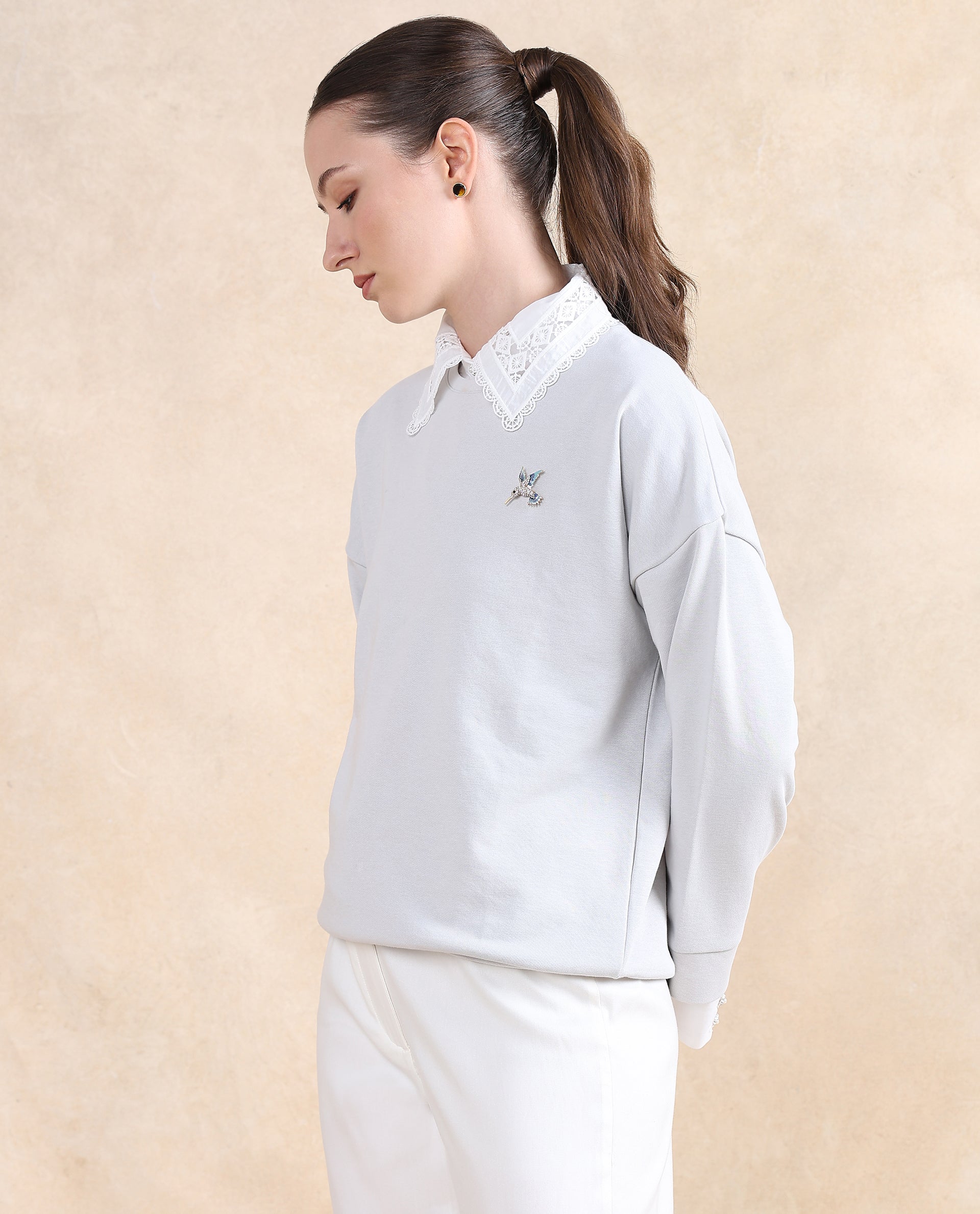Rareism Women's Amour Light Grey Cotton Blend Drop Collar Dyed Relaxed Fit Sweatshirt