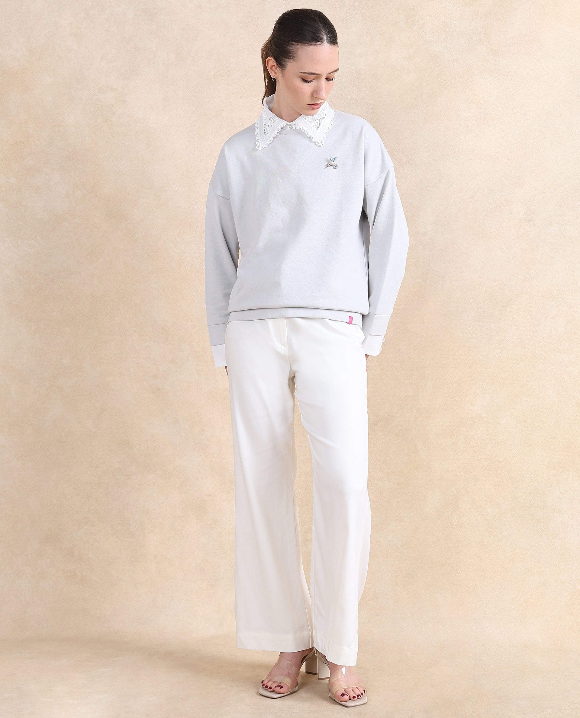 Rareism Women's Amour Light Grey Cotton Blend Drop Collar Dyed Relaxed Fit Sweatshirt