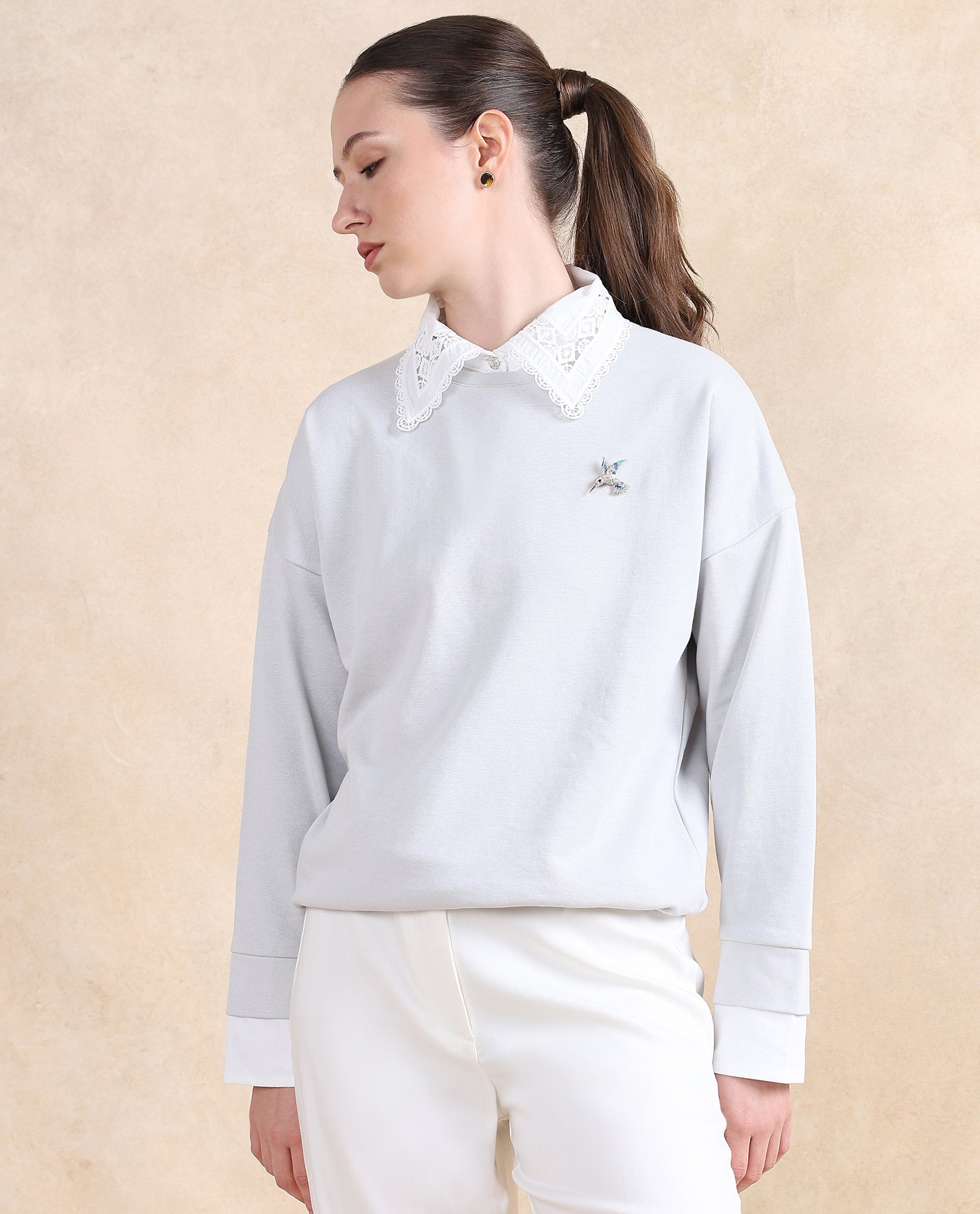 Rareism Women's Amour Light Grey Cotton Blend Drop Collar Dyed Relaxed Fit Sweatshirt