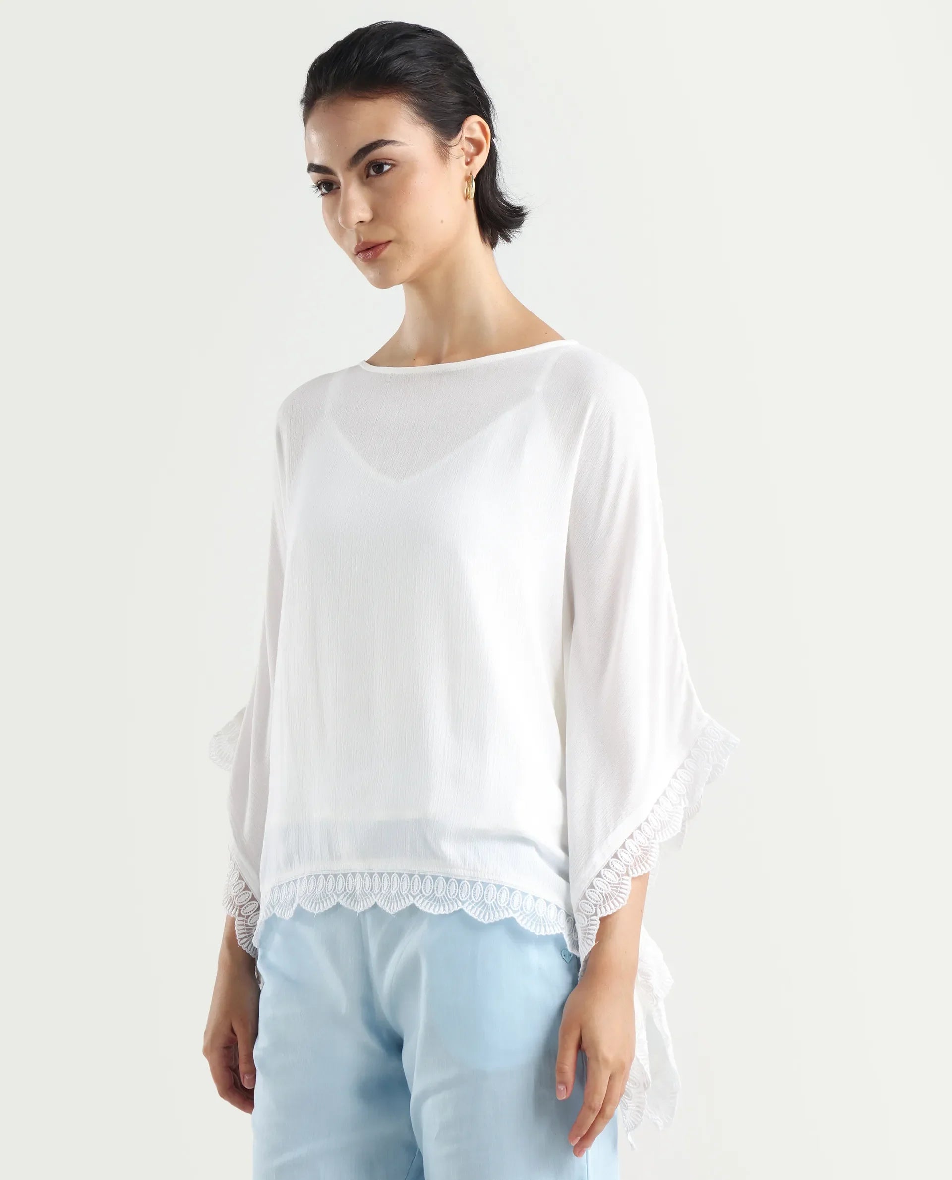 Rareism Women's Ancona White Rayon Boat Neck Plain Kimono Sleeve Relaxed Fit Top