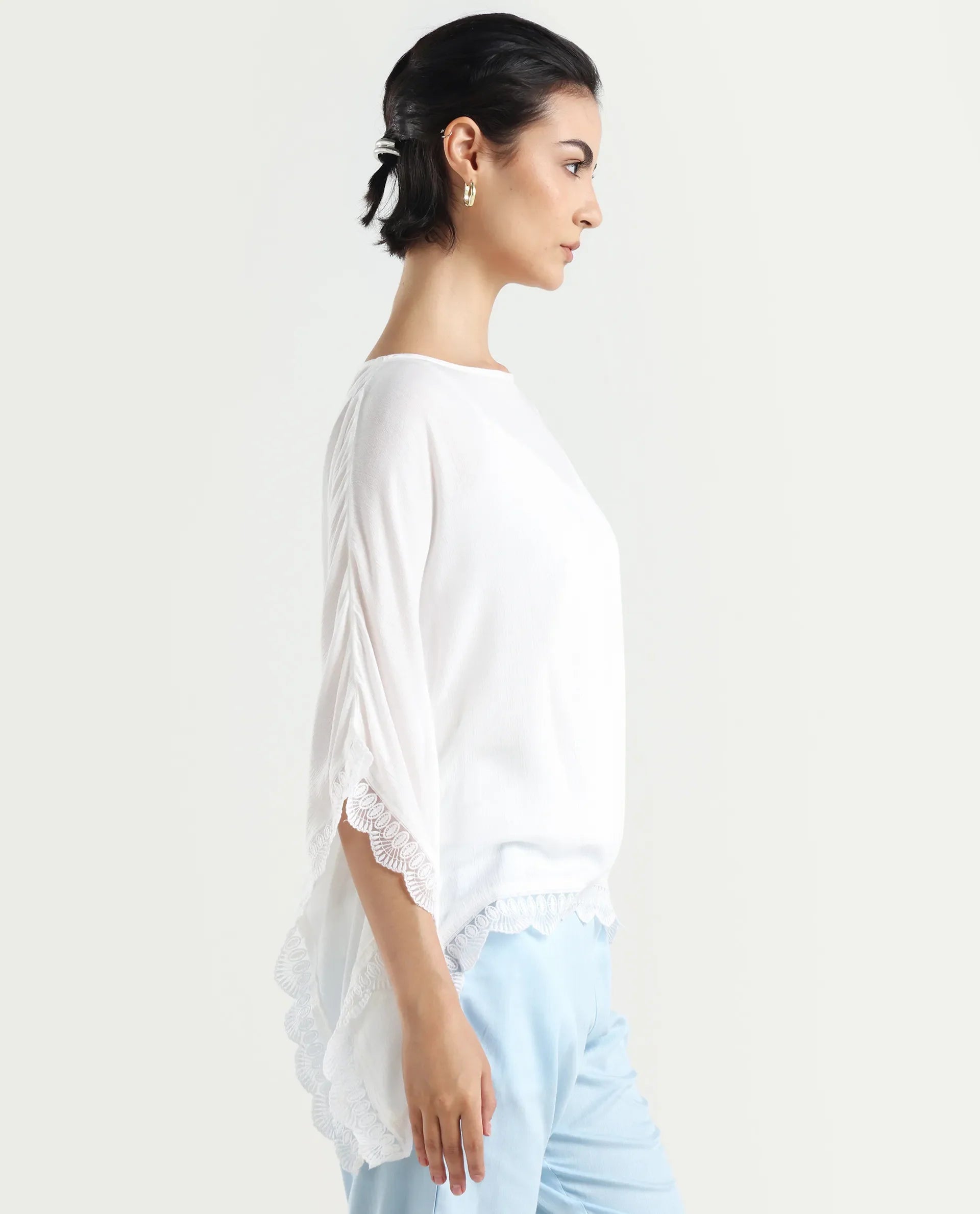 Rareism Women's Ancona White Rayon Boat Neck Plain Kimono Sleeve Relaxed Fit Top