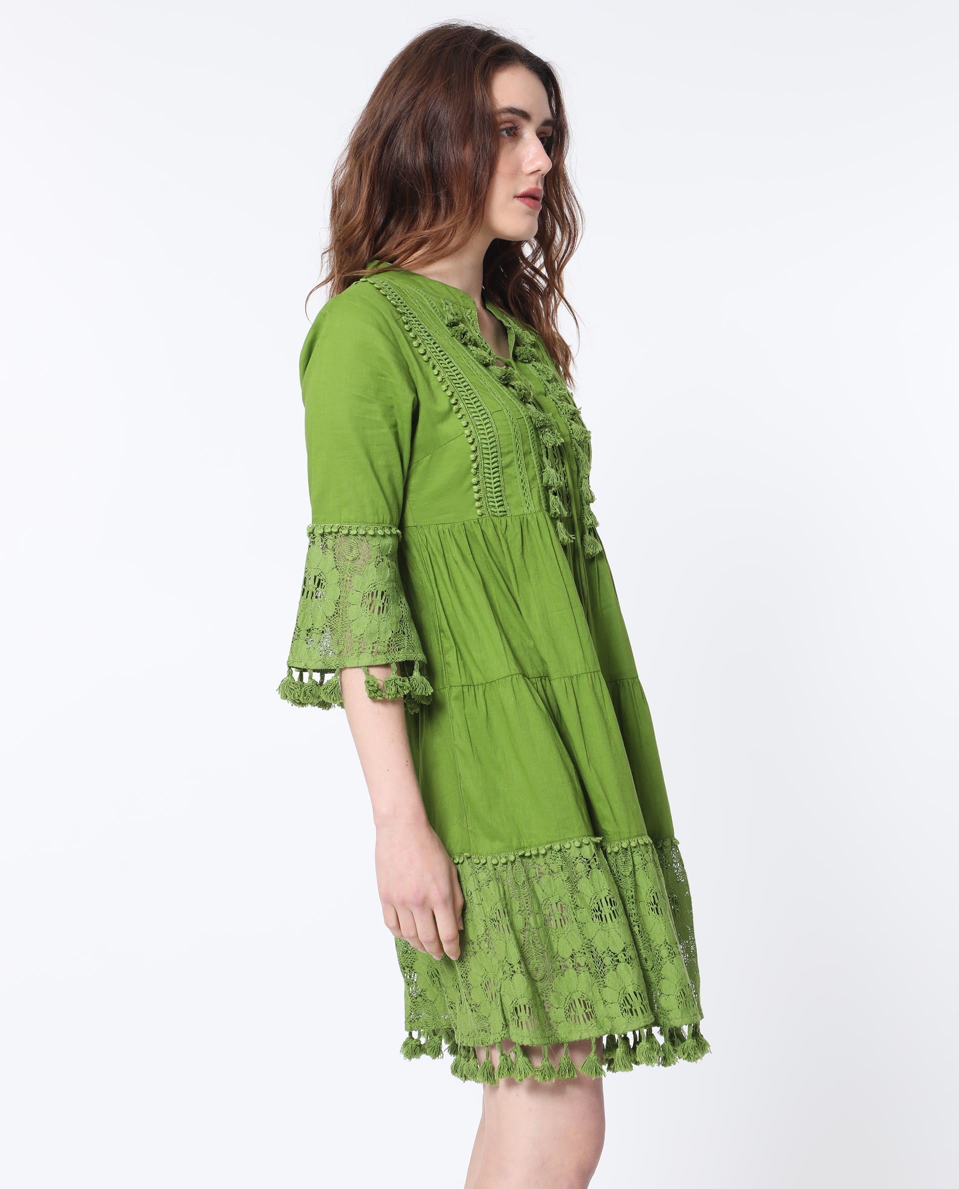 Rareism Women Andarin Fluorescent Green Mandarin Collar With Tie Up Lace Bell Sleeves With Lace Mini Dress