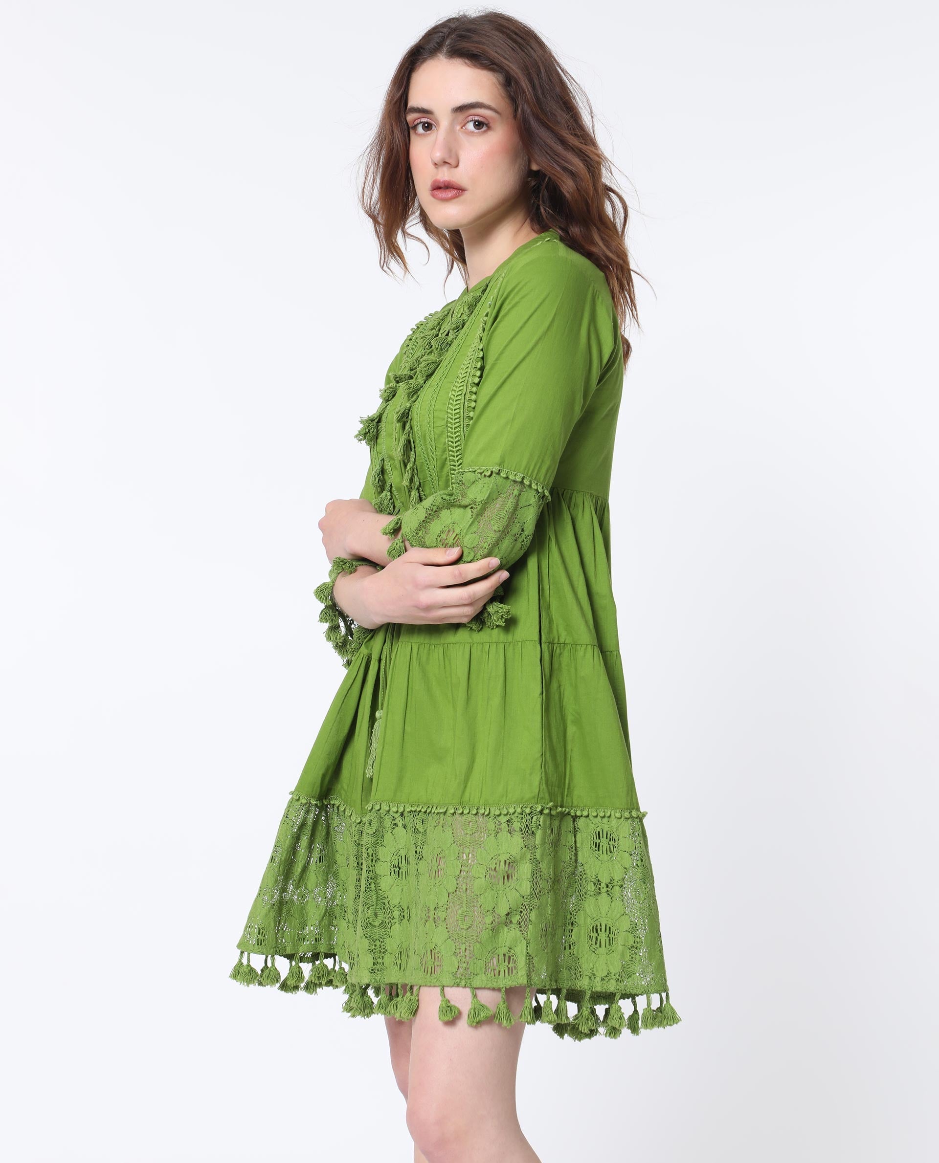 Rareism Women Andarin Fluorescent Green Mandarin Collar With Tie Up Lace Bell Sleeves With Lace Mini Dress