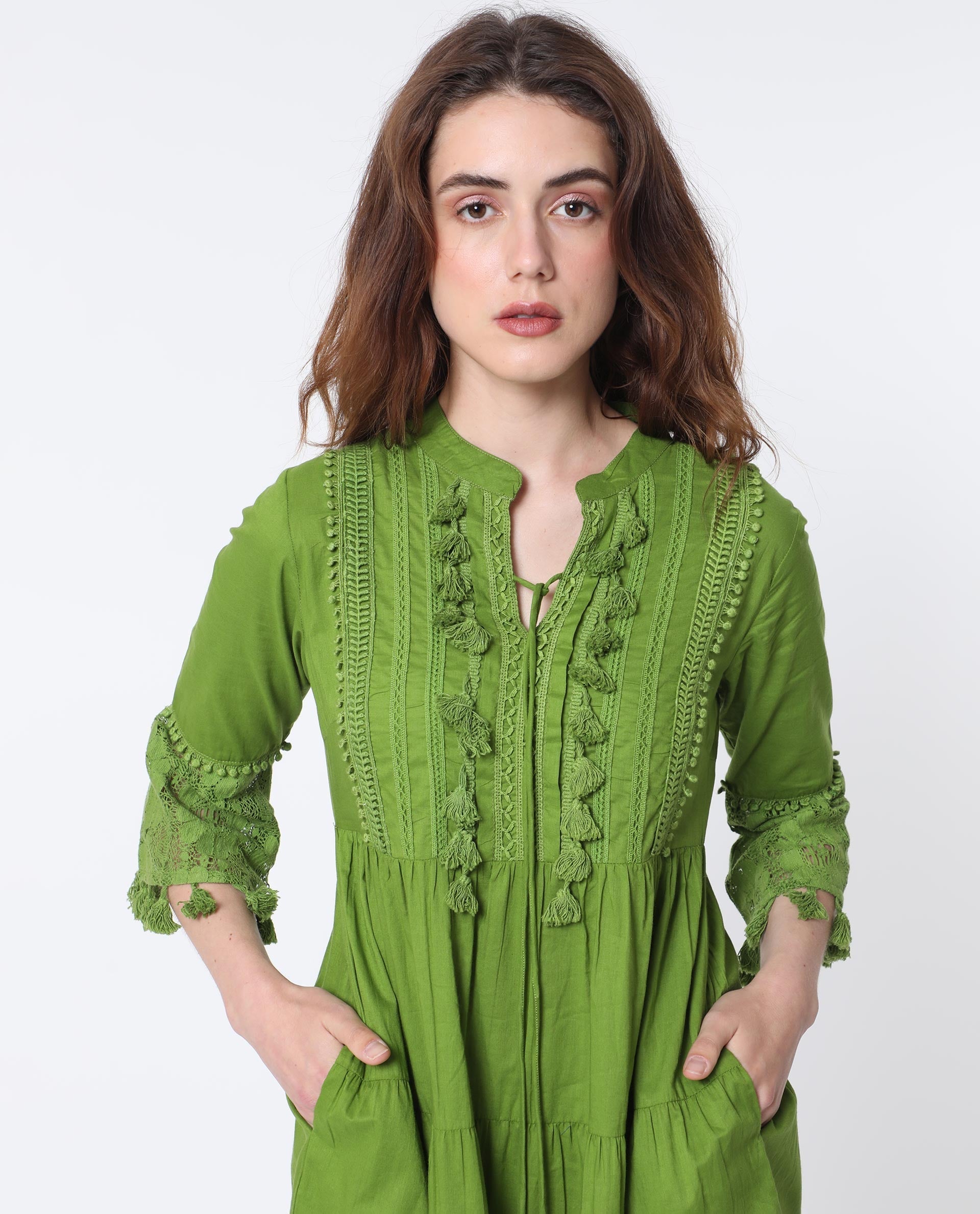 Rareism Women Andarin Fluorescent Green Mandarin Collar With Tie Up Lace Bell Sleeves With Lace Mini Dress