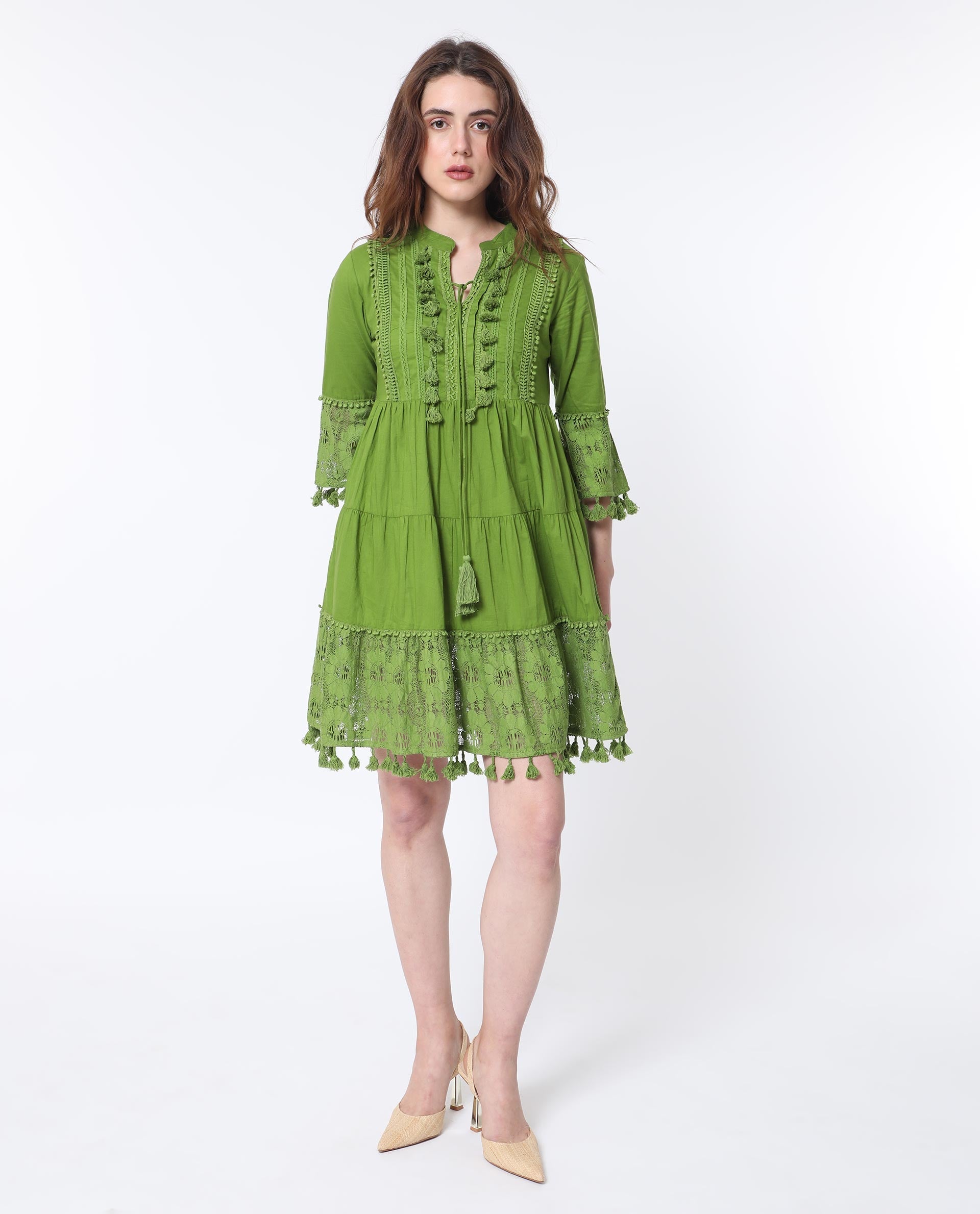 Rareism Women Andarin Fluorescent Green Mandarin Collar With Tie Up Lace Bell Sleeves With Lace Mini Dress