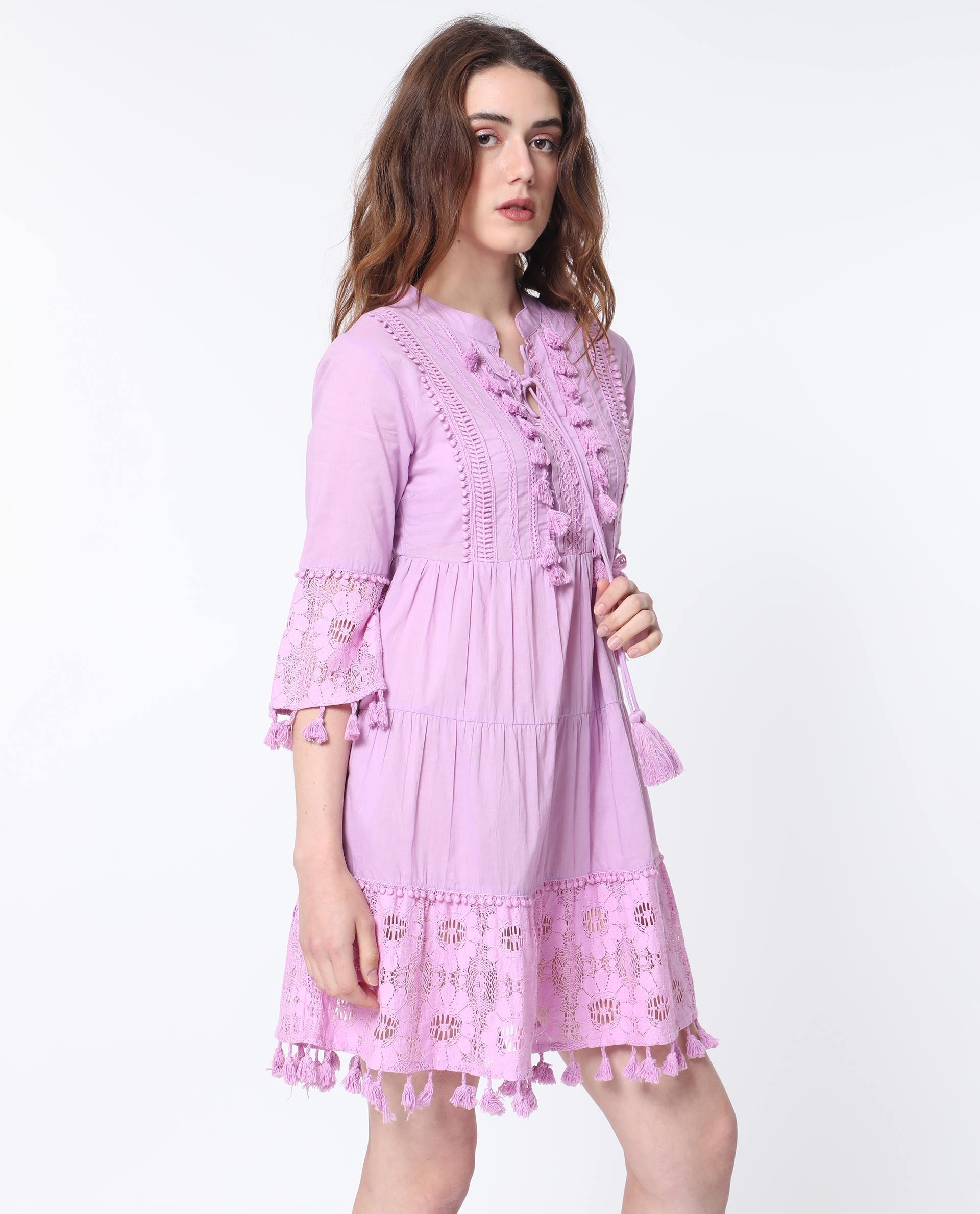 Rareism Women Andarin Light Purple Mandarin Collar With Tie Up Bell Sleeves Tiered Lacy Mini Dress
