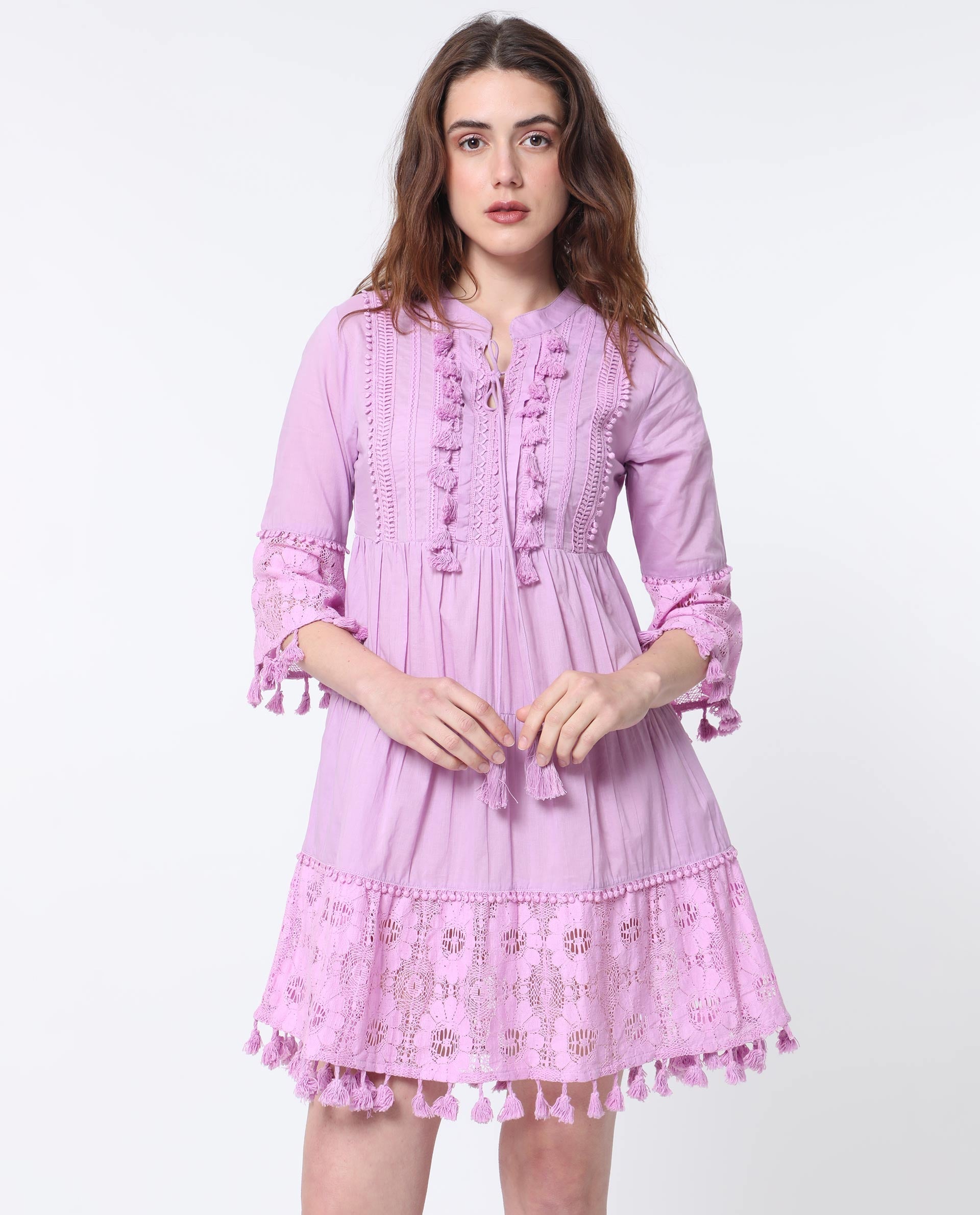 Rareism Women Andarin Light Purple Mandarin Collar With Tie Up Bell Sleeves Tiered Lacy Mini Dress