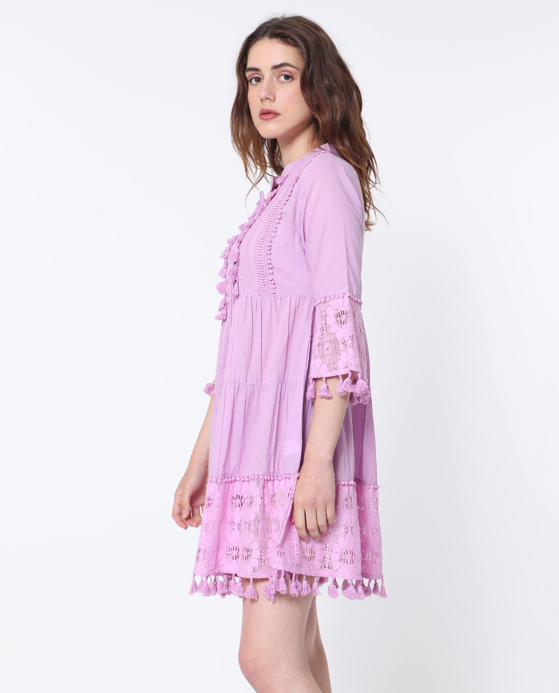 Rareism Women Andarin Light Purple Mandarin Collar With Tie Up Bell Sleeves Tiered Lacy Mini Dress