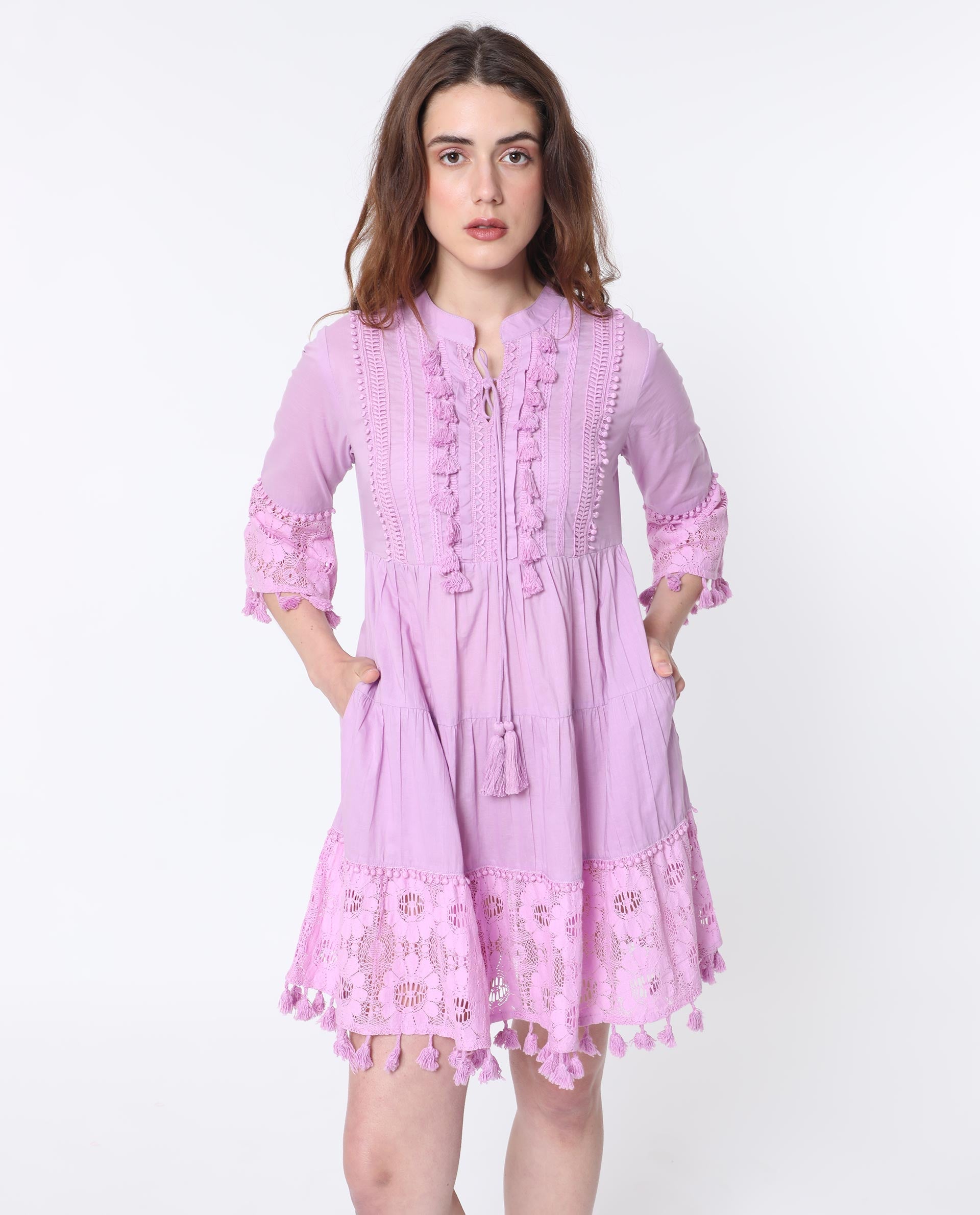 Rareism Women Andarin Light Purple Mandarin Collar With Tie Up Bell Sleeves Tiered Lacy Mini Dress
