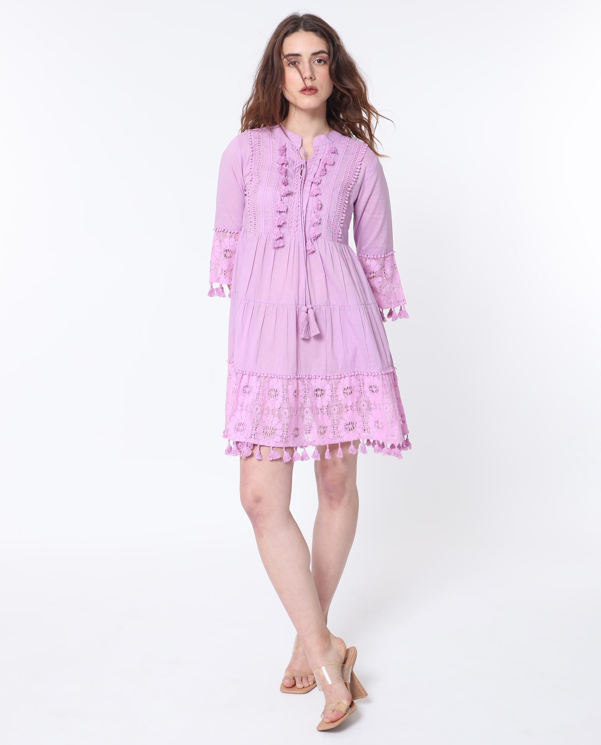 Rareism Women Andarin Light Purple Mandarin Collar With Tie Up Bell Sleeves Tiered Lacy Mini Dress