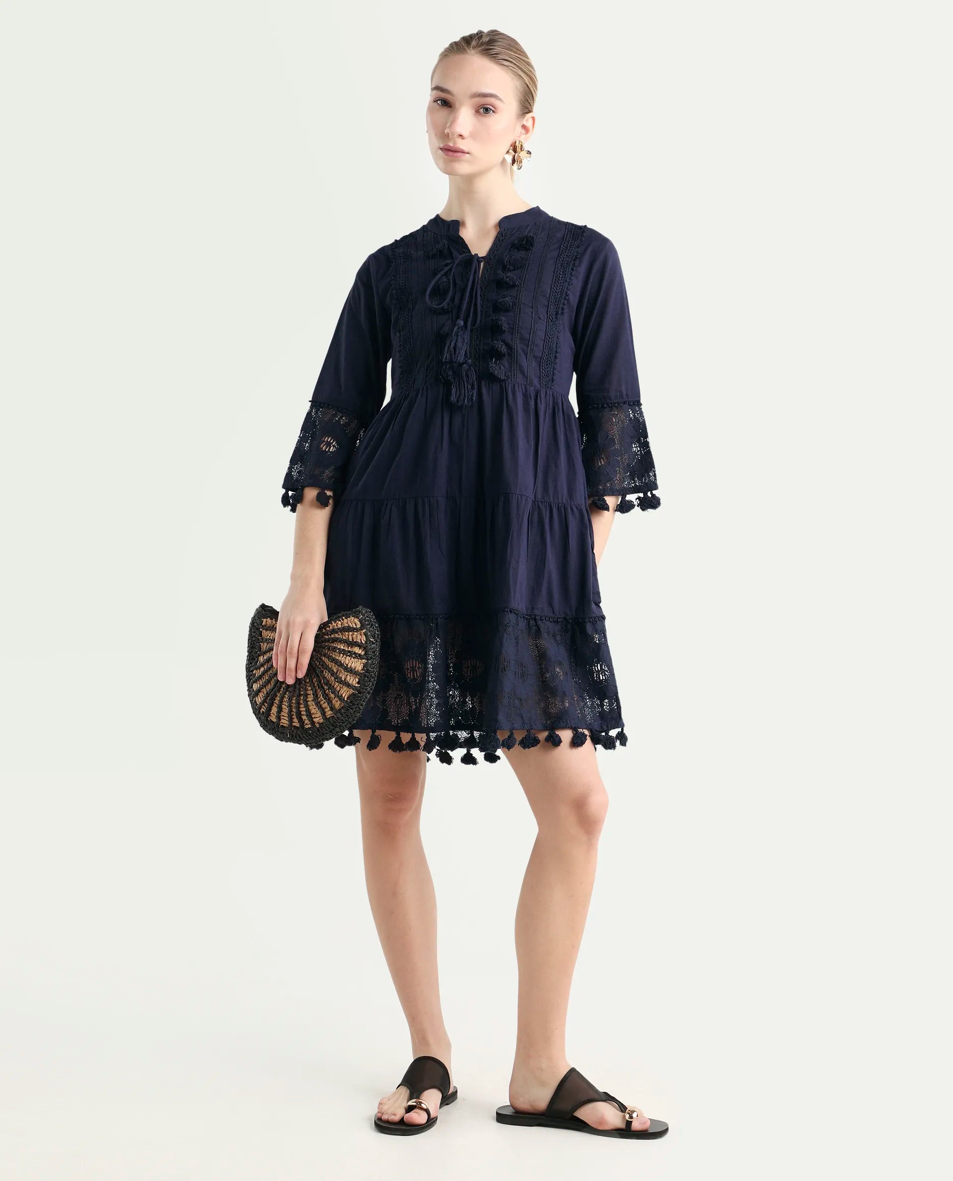 Rareism Women's Andarin Navy Cotton Tie-Up Neck Plain Bell Sleeve Knee Length Regular Fit Dress