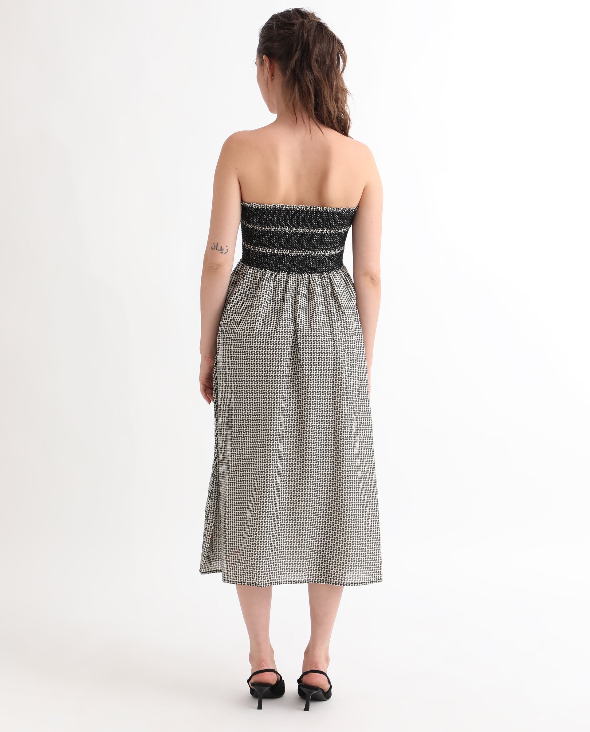 Rareism Women's Anderson Beige Cotton Tube Neck Geometric Print Sleeveless Midi Relaxed Fit Dress