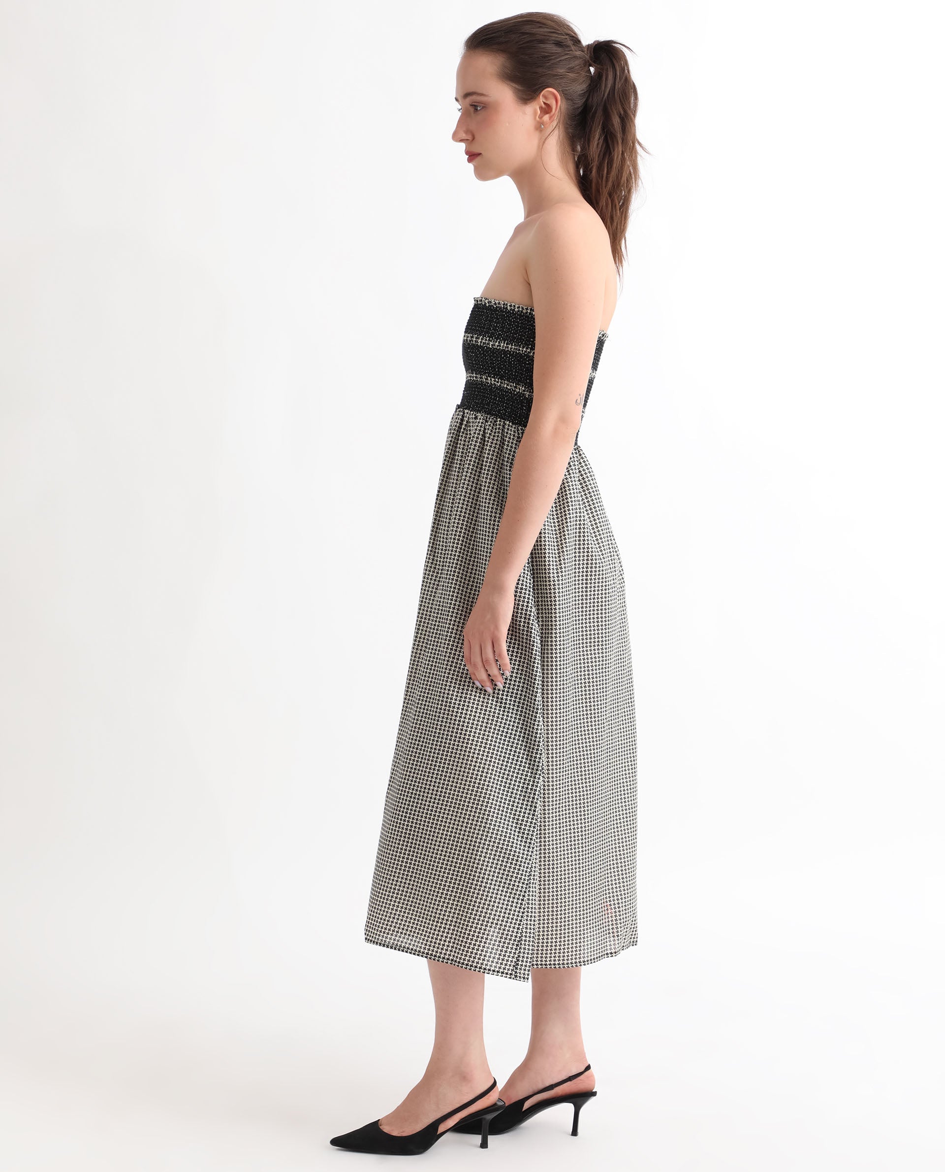 Rareism Women's Anderson Beige Cotton Tube Neck Geometric Print Sleeveless Midi Relaxed Fit Dress