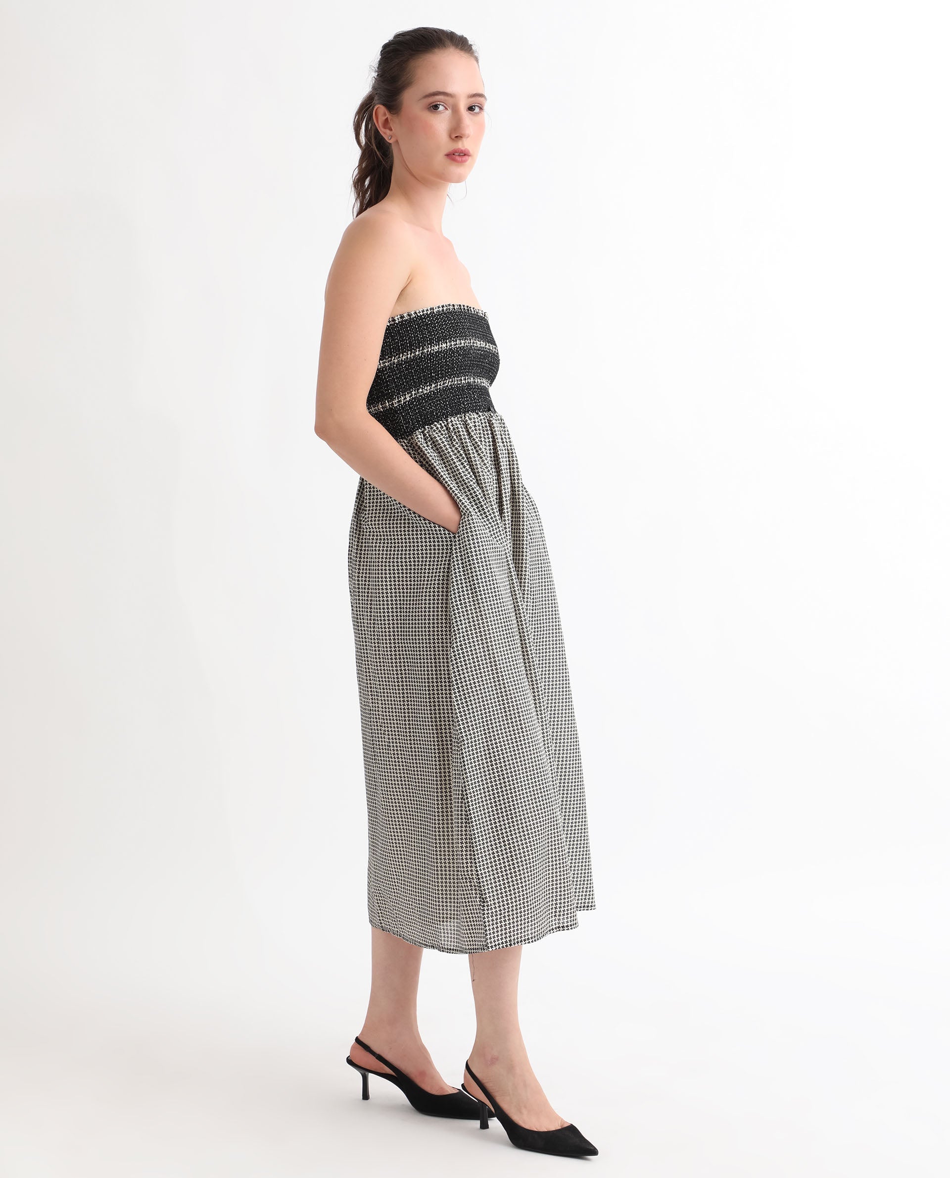 Rareism Women Anderson Beige Cotton Fabric Tube Neck Sleeveless Relaxed Fit Geometric Print Midi Empire Dress