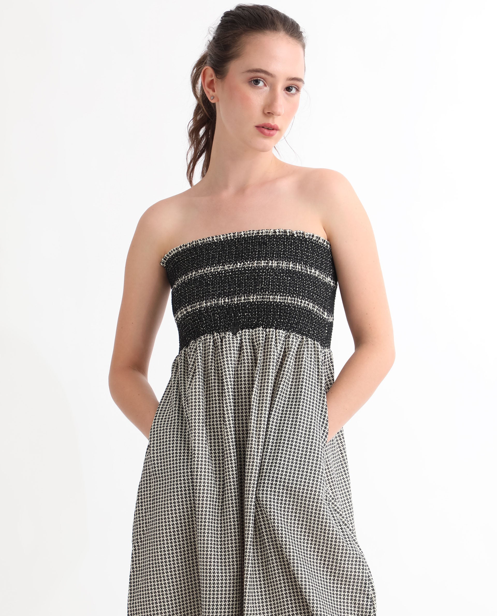 Rareism Women's Anderson Beige Cotton Tube Neck Geometric Print Sleeveless Midi Relaxed Fit Dress