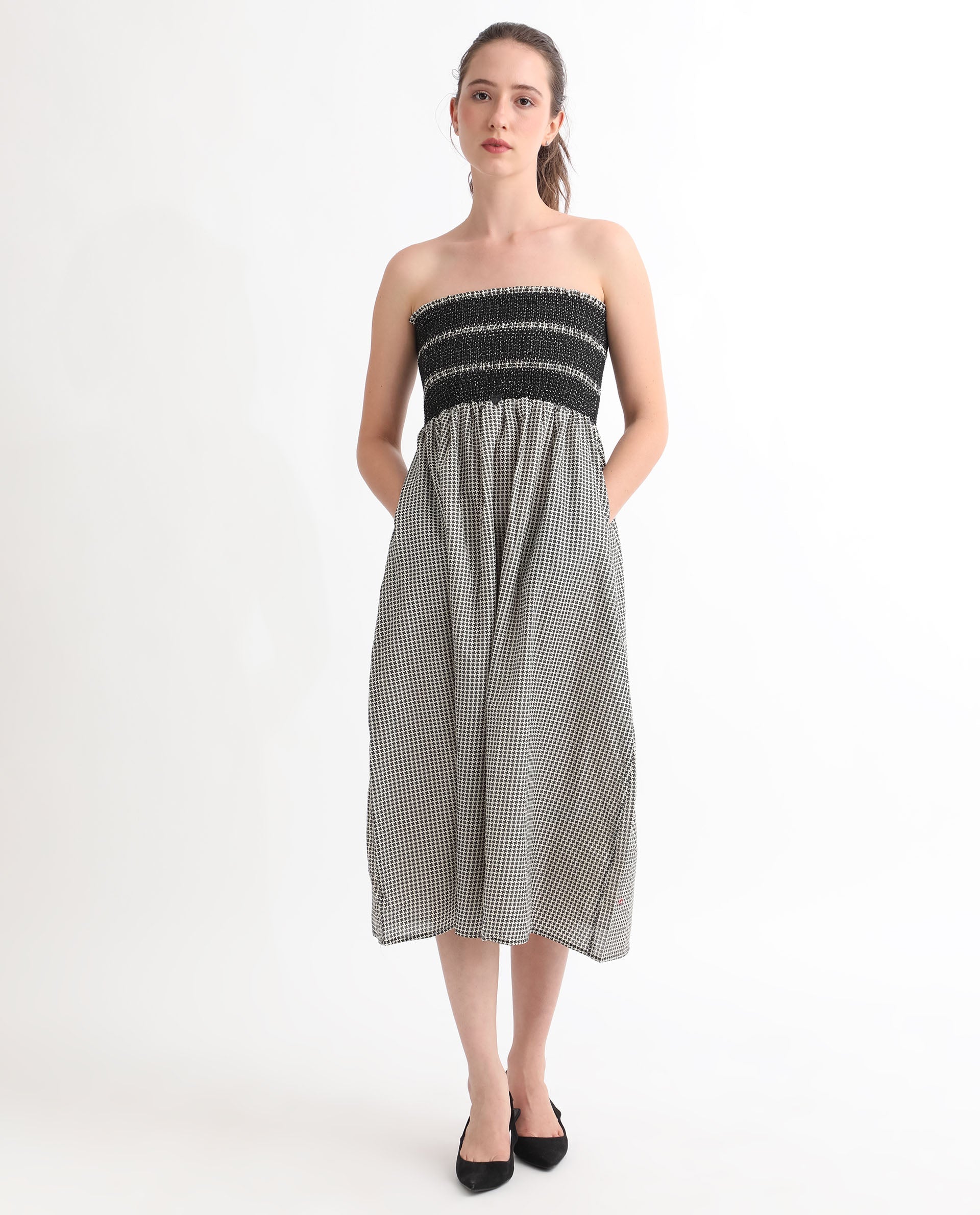 Rareism Women Anderson Beige Cotton Fabric Tube Neck Sleeveless Relaxed Fit Geometric Print Midi Empire Dress