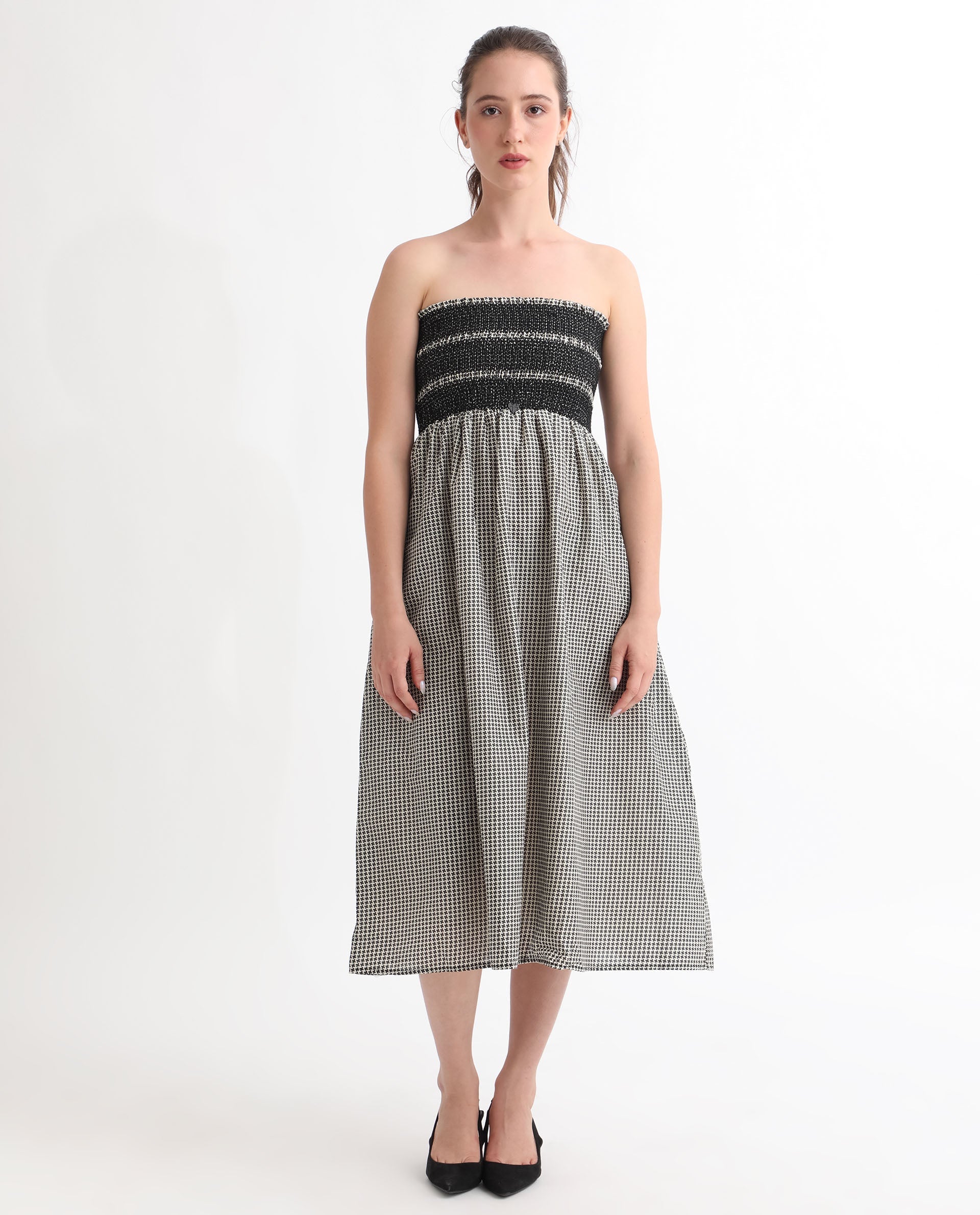 Rareism Women's Anderson Beige Cotton Tube Neck Geometric Print Sleeveless Midi Relaxed Fit Dress