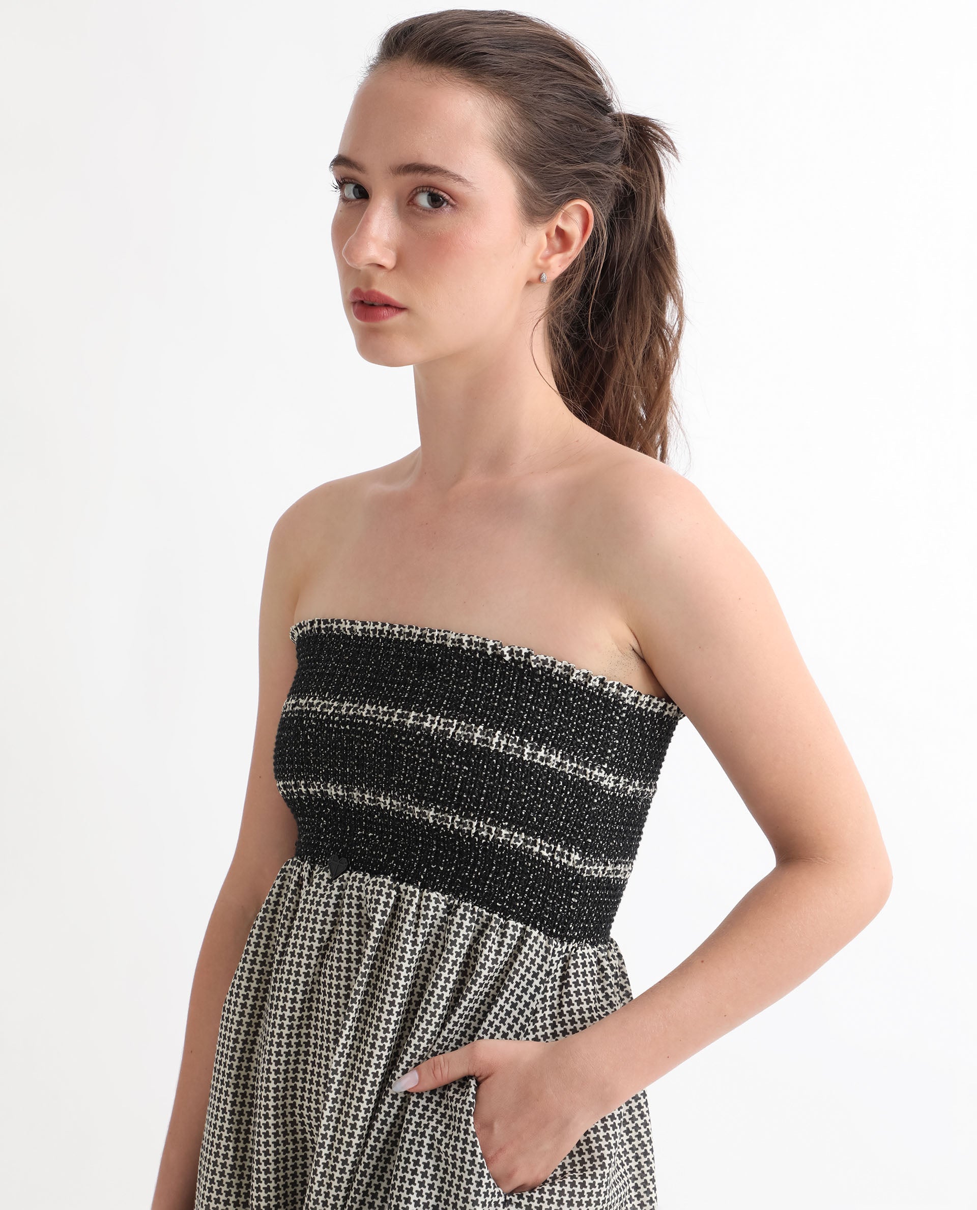 Rareism Women's Anderson Beige Cotton Tube Neck Geometric Print Sleeveless Midi Relaxed Fit Dress