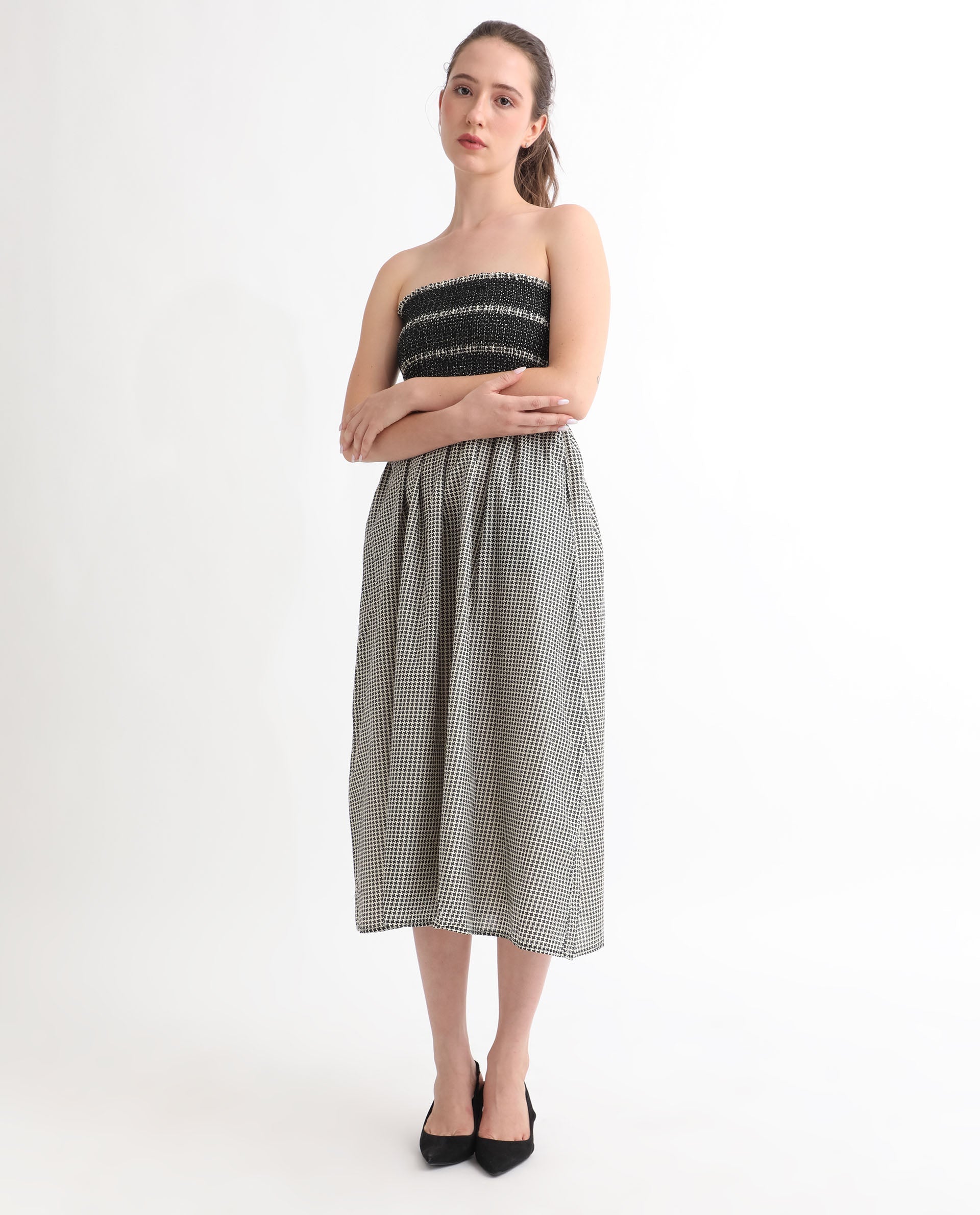 Rareism Women's Anderson Beige Cotton Tube Neck Geometric Print Sleeveless Midi Relaxed Fit Dress