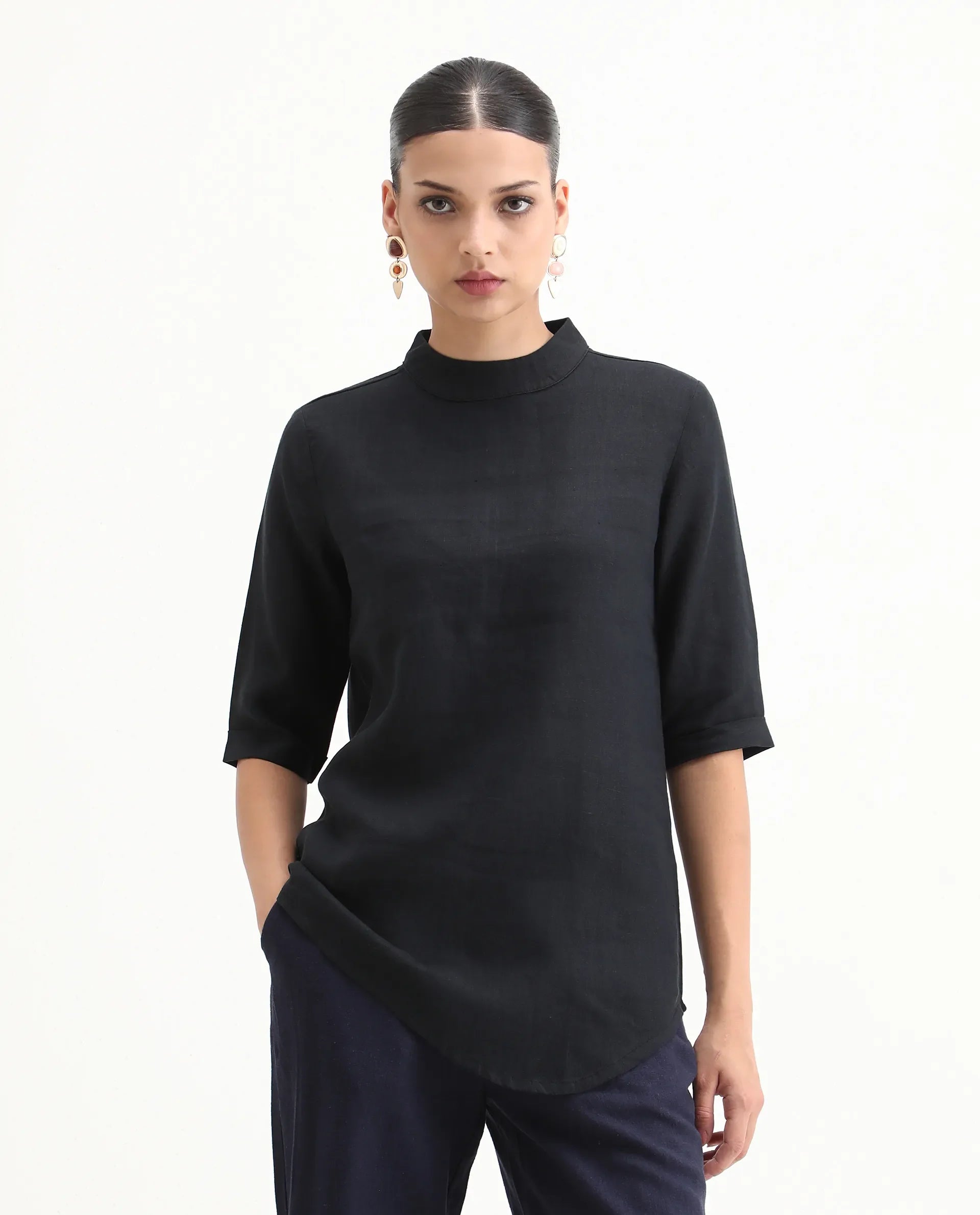 Rareism Womens Andrea Black Top Linen Fabric Regular Fit Full Sleeve High Neck