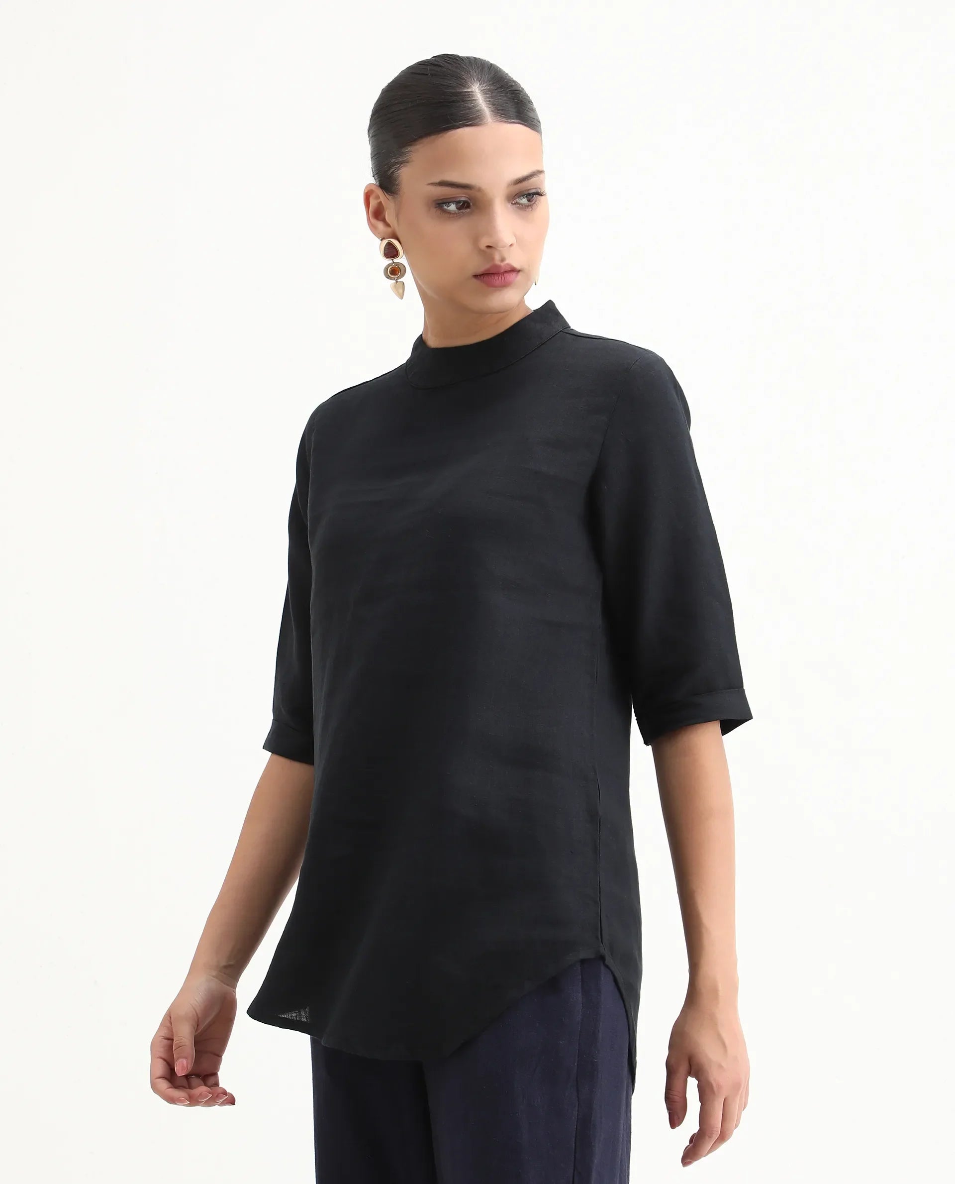 Rareism Womens Andrea Black Top Linen Fabric Regular Fit Full Sleeve High Neck