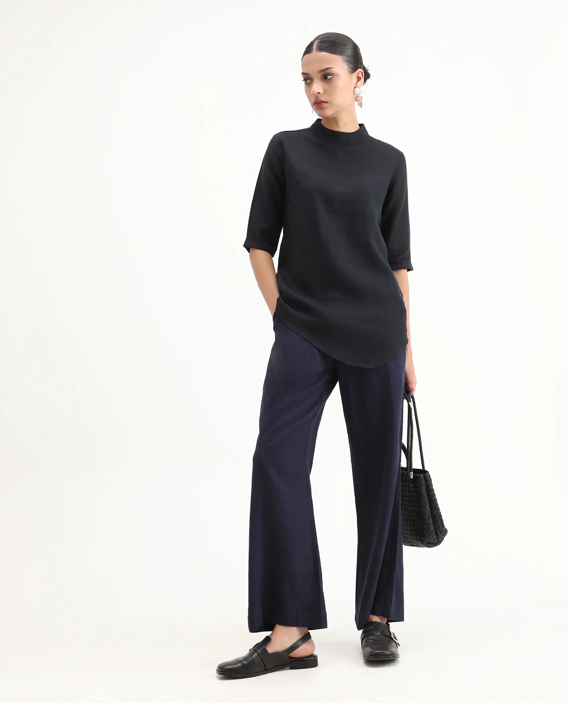 Rareism Womens Andrea Black Top Linen Fabric Regular Fit Full Sleeve High Neck