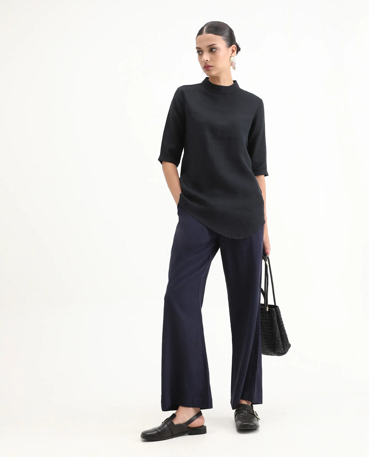 Rareism Womens Andrea Black Top Linen Fabric Regular Fit Full Sleeve High Neck