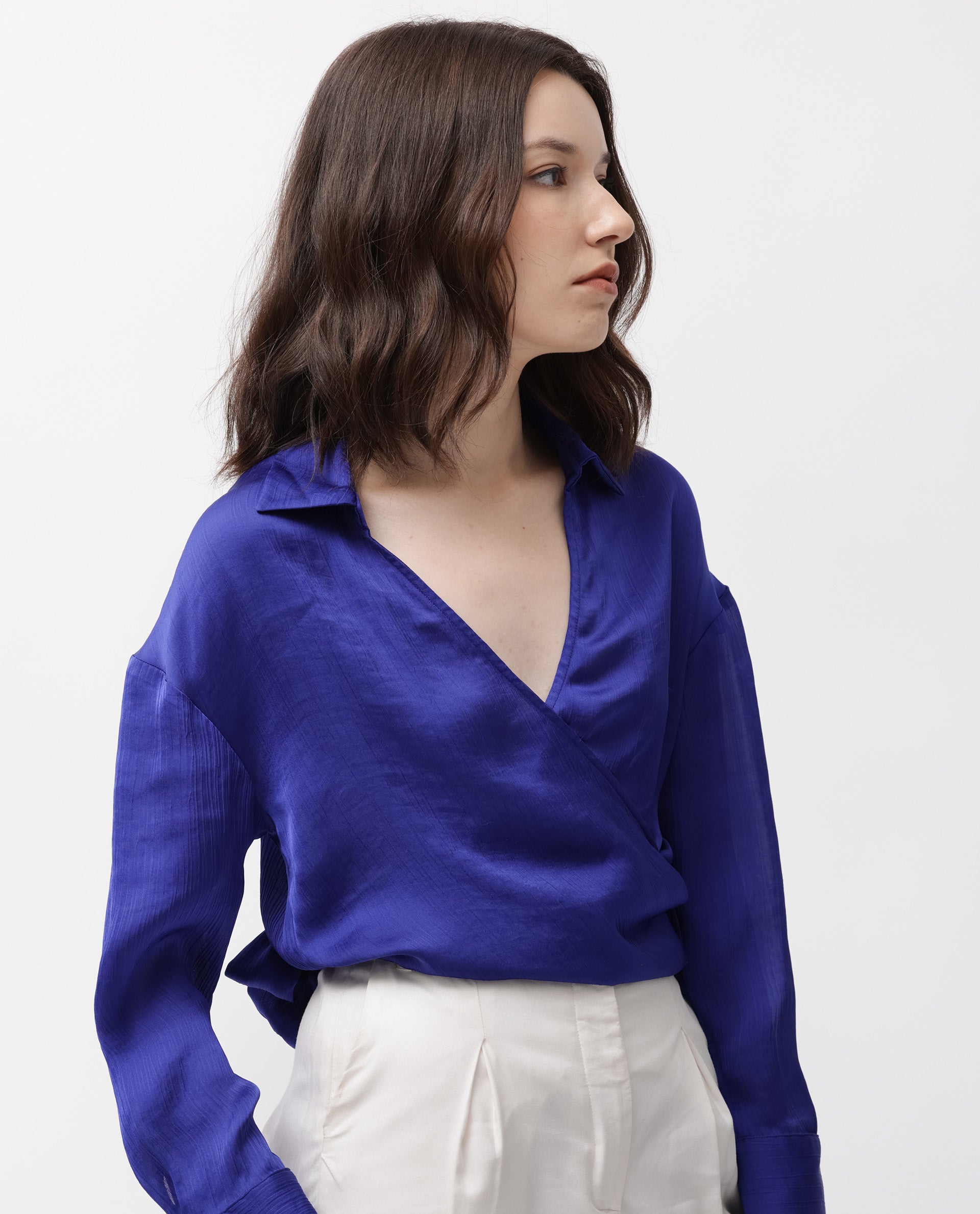 Rareism Women's Andreala Dark Blue Polyester Johnny Collar Plain Regular Fit Top