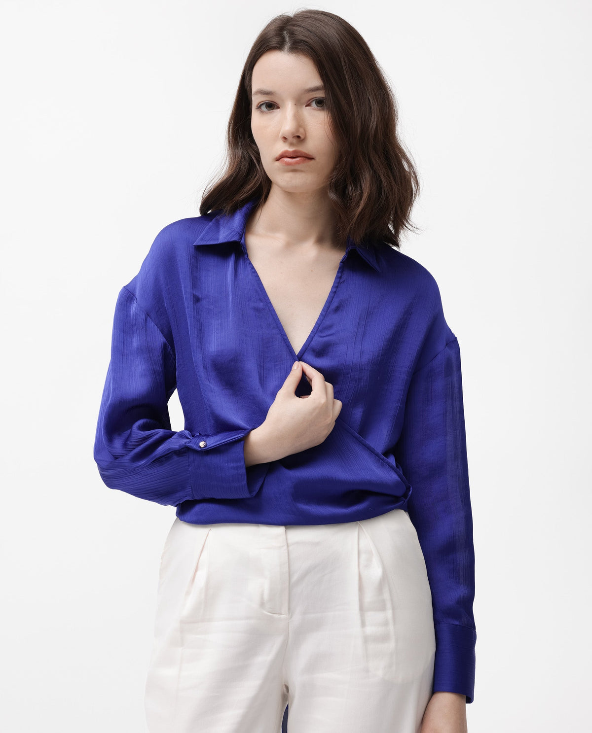 Rareism Women Andreala Dark Blue Polyester Fabric Regular Fit Drop Collar Full Sleeves Solid Top