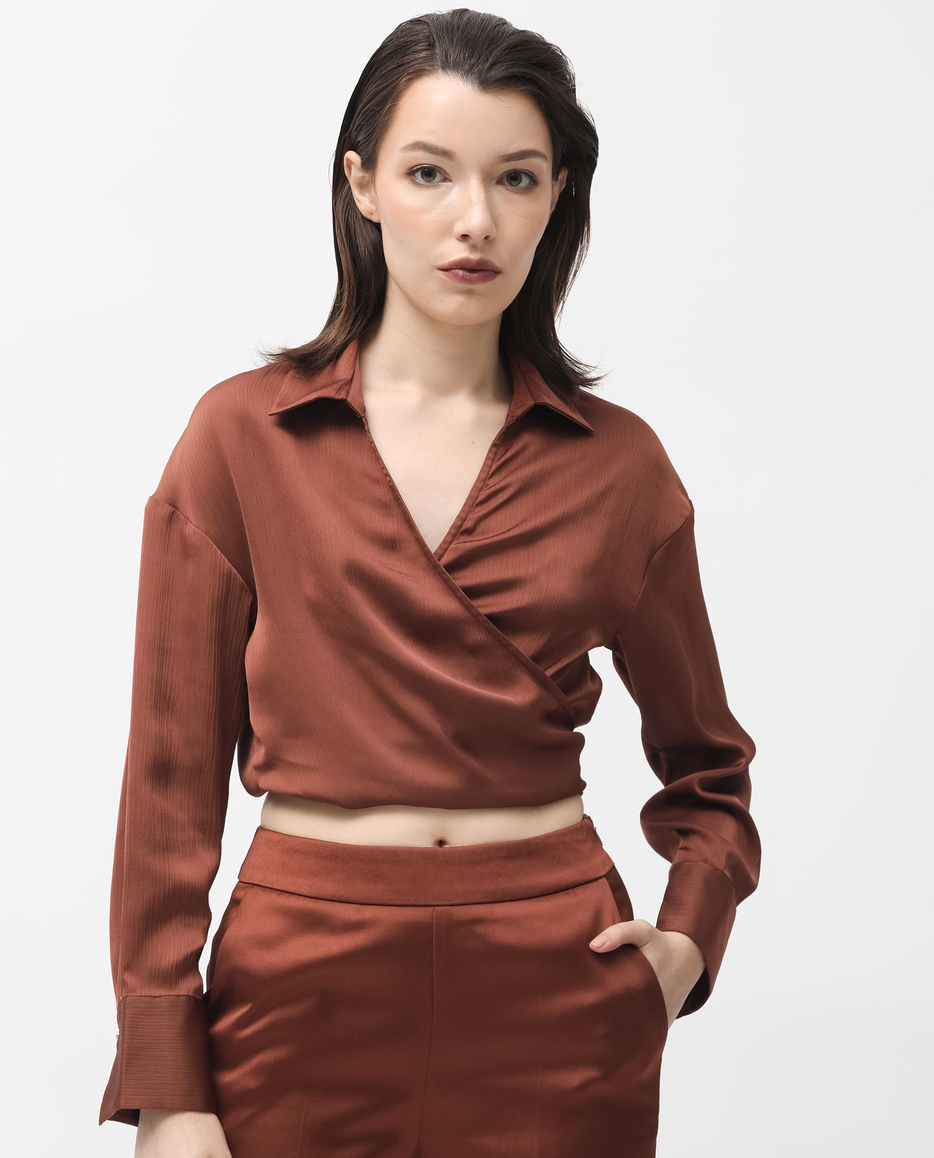 Rareism Women's Andreala Dark Brown Polyester Johnny Collar Plain Regular Fit Top