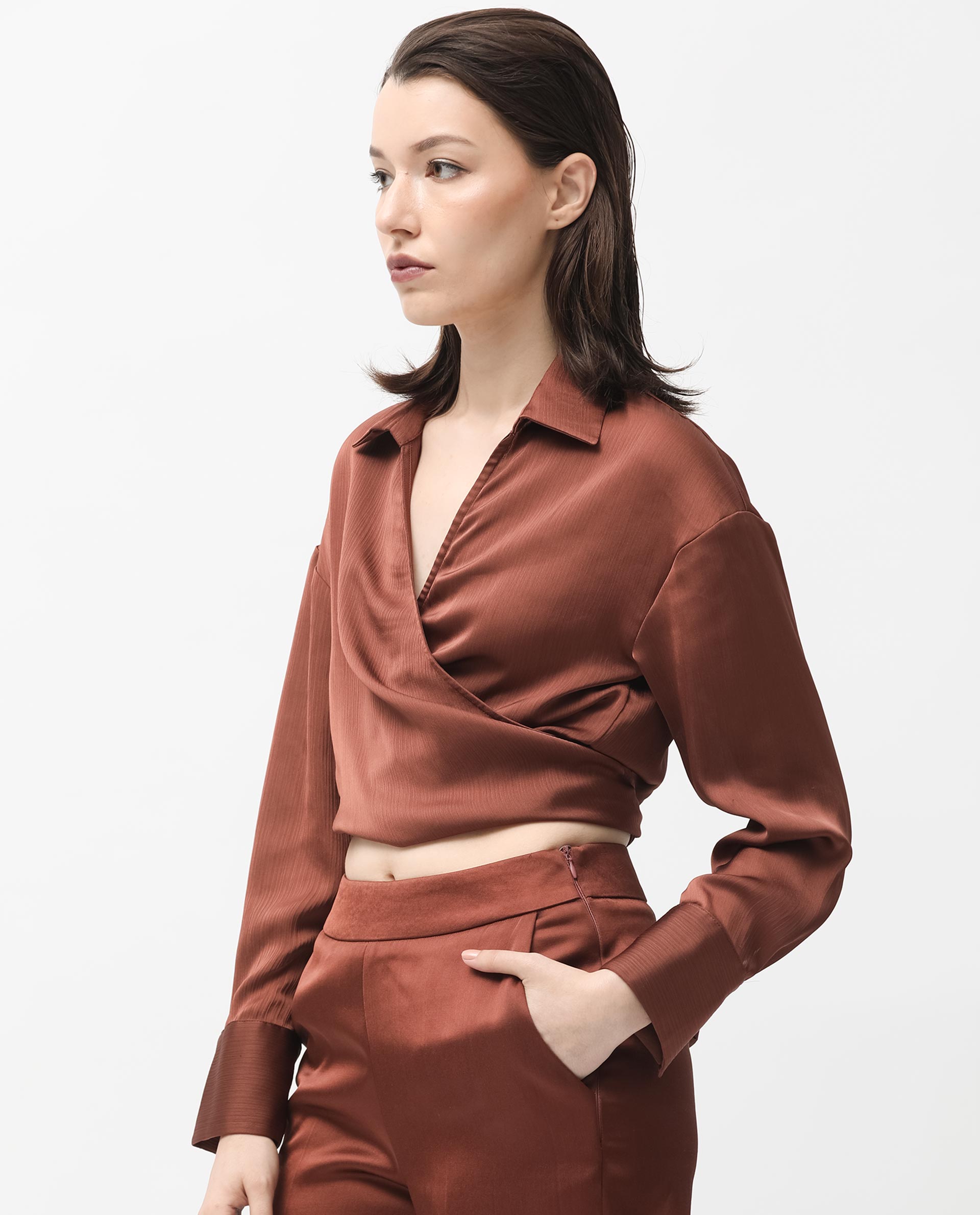 Rareism Women's Andreala Dark Brown Polyester Johnny Collar Plain Regular Fit Top