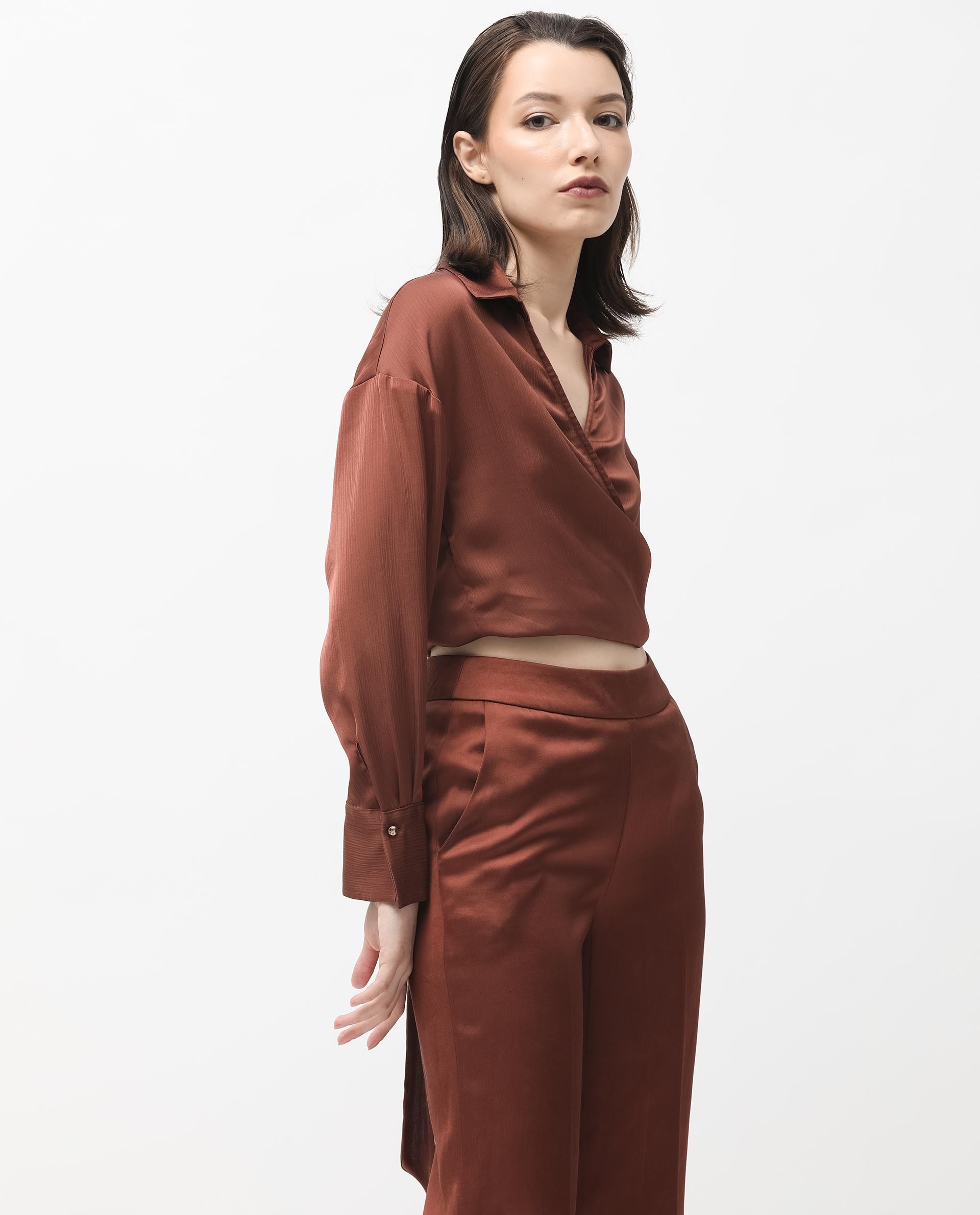 Rareism Women's Andreala Dark Brown Polyester Johnny Collar Plain Regular Fit Top