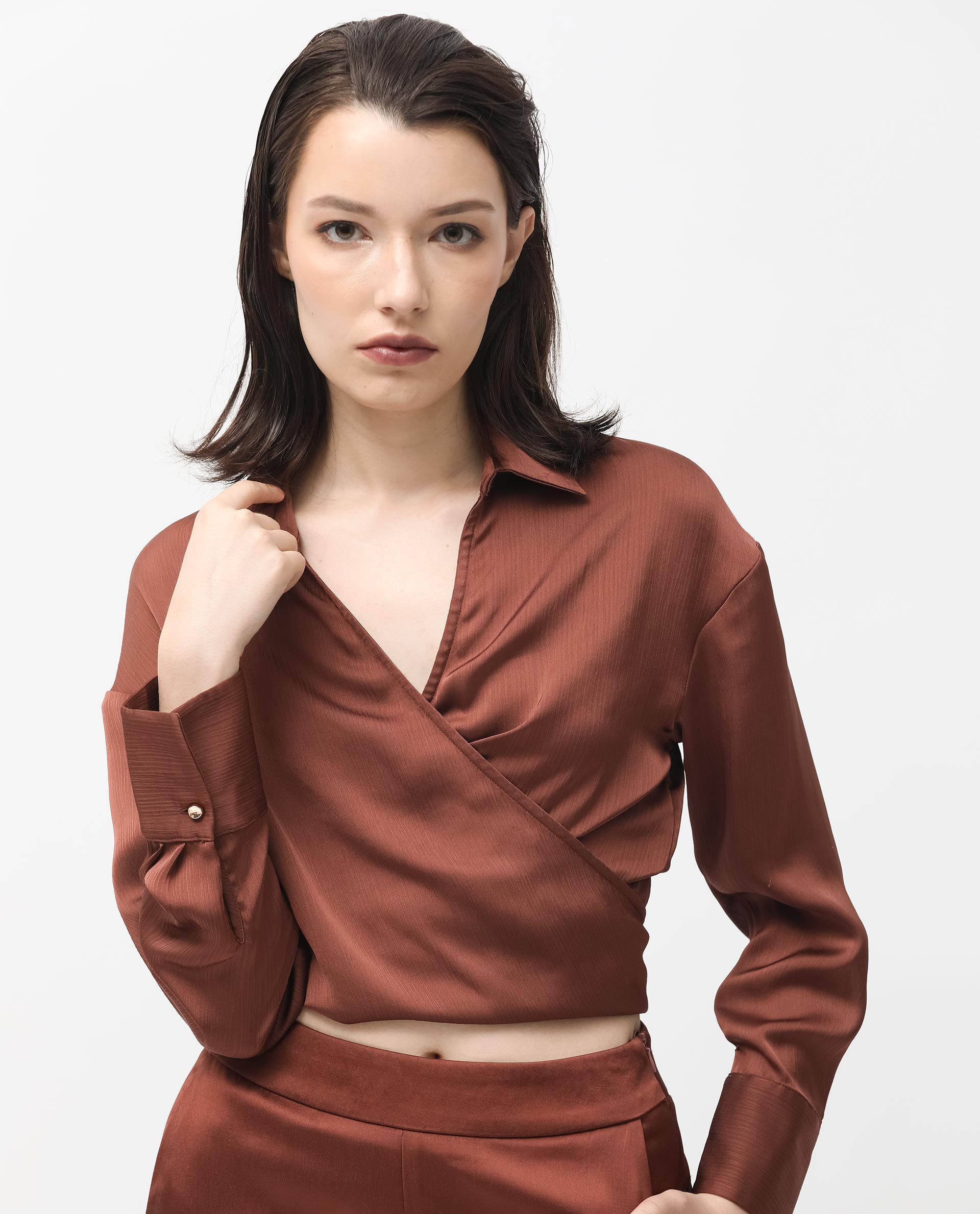 Rareism Women's Andreala Dark Brown Polyester Johnny Collar Plain Regular Fit Top
