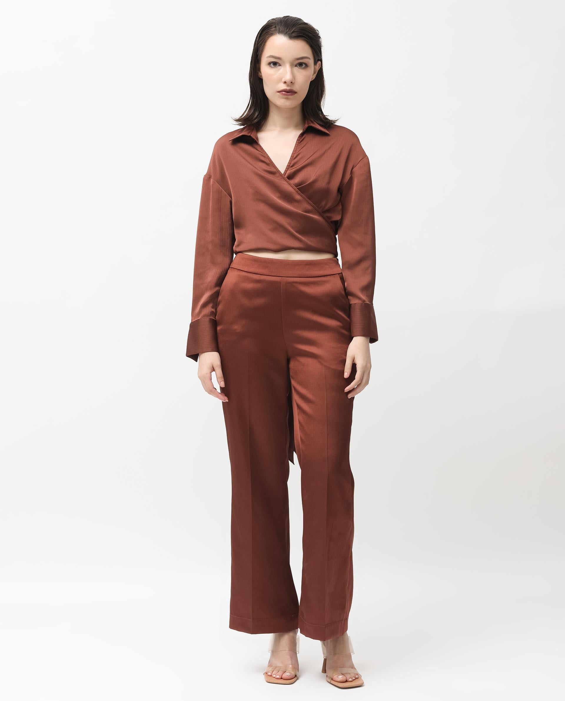 Rareism Women's Andreala Dark Brown Polyester Johnny Collar Plain Regular Fit Top