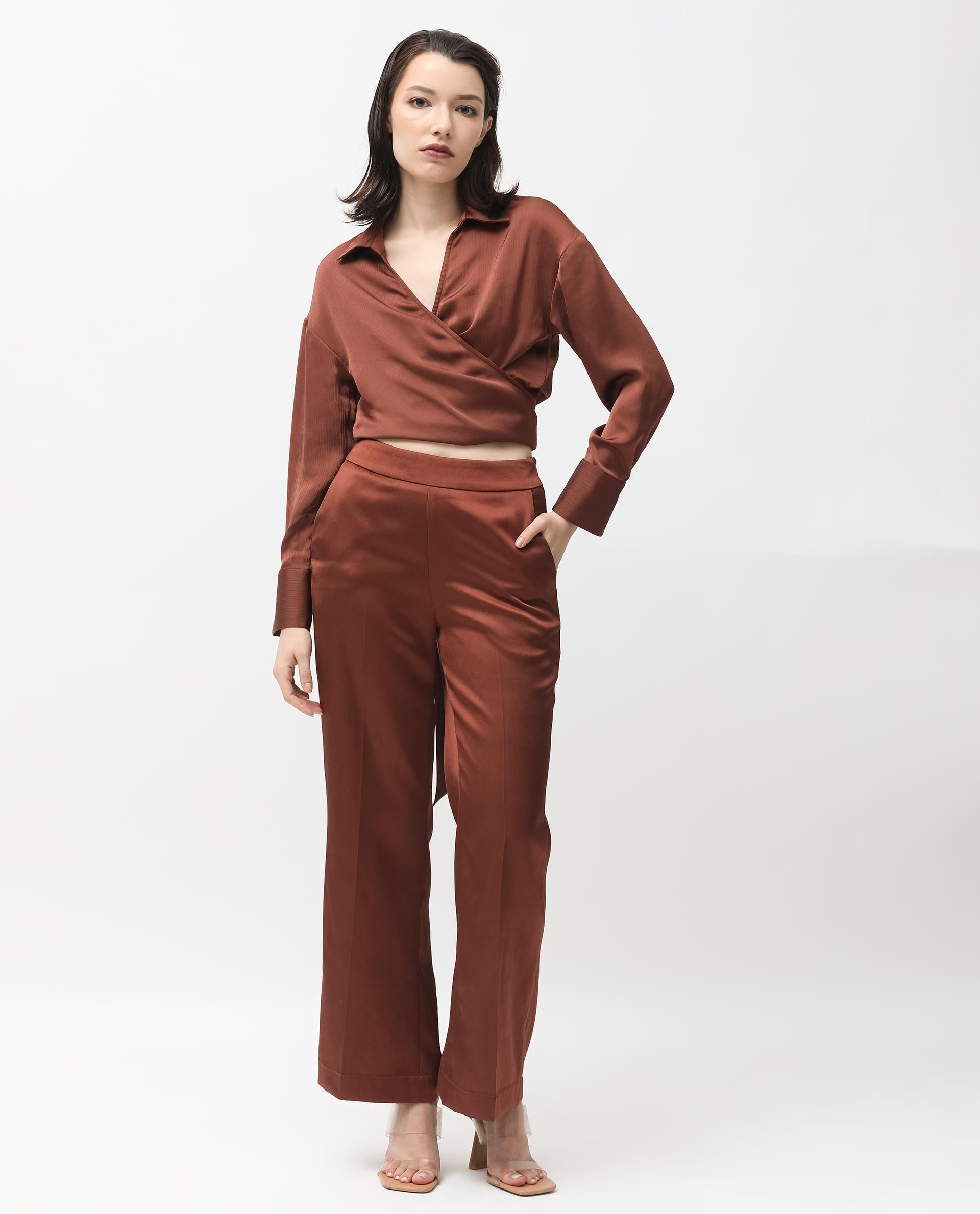 Rareism Women's Andreala Dark Brown Polyester Johnny Collar Plain Regular Fit Top