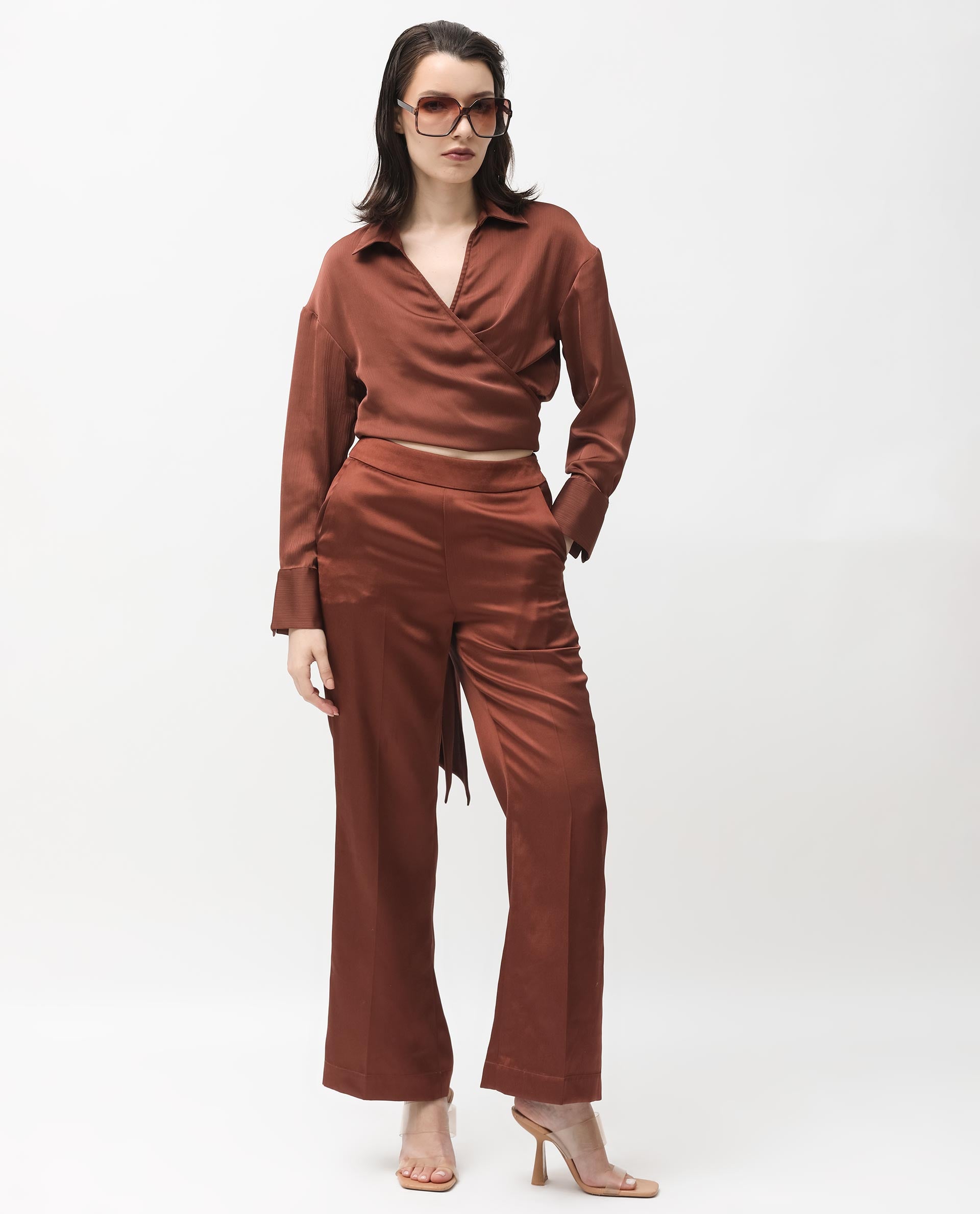 Rareism Women's Andreala Dark Brown Polyester Johnny Collar Plain Regular Fit Top