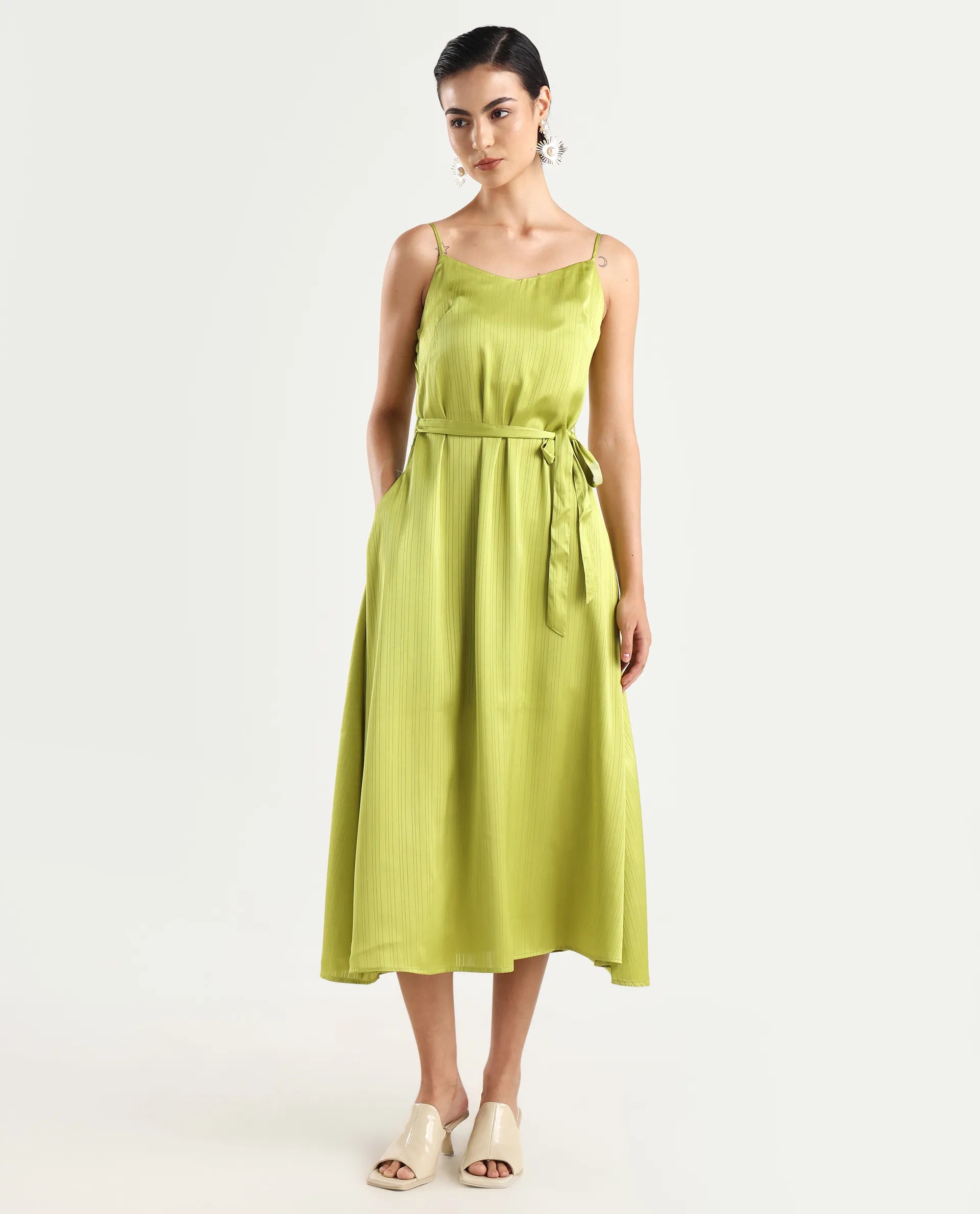 Rareism Women's Andrei Flouroscent Green Shoulder Strap Plain Shoulder Strap Maxi Bodycon Dress